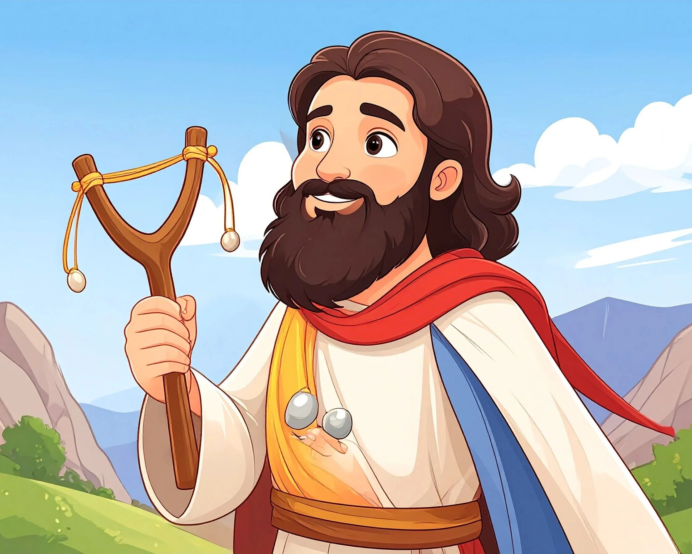 Illustration of a bearded man with long hair, smiling, holding a slingshot, surrounded by mountains, green hills, and a partly cloudy sky.