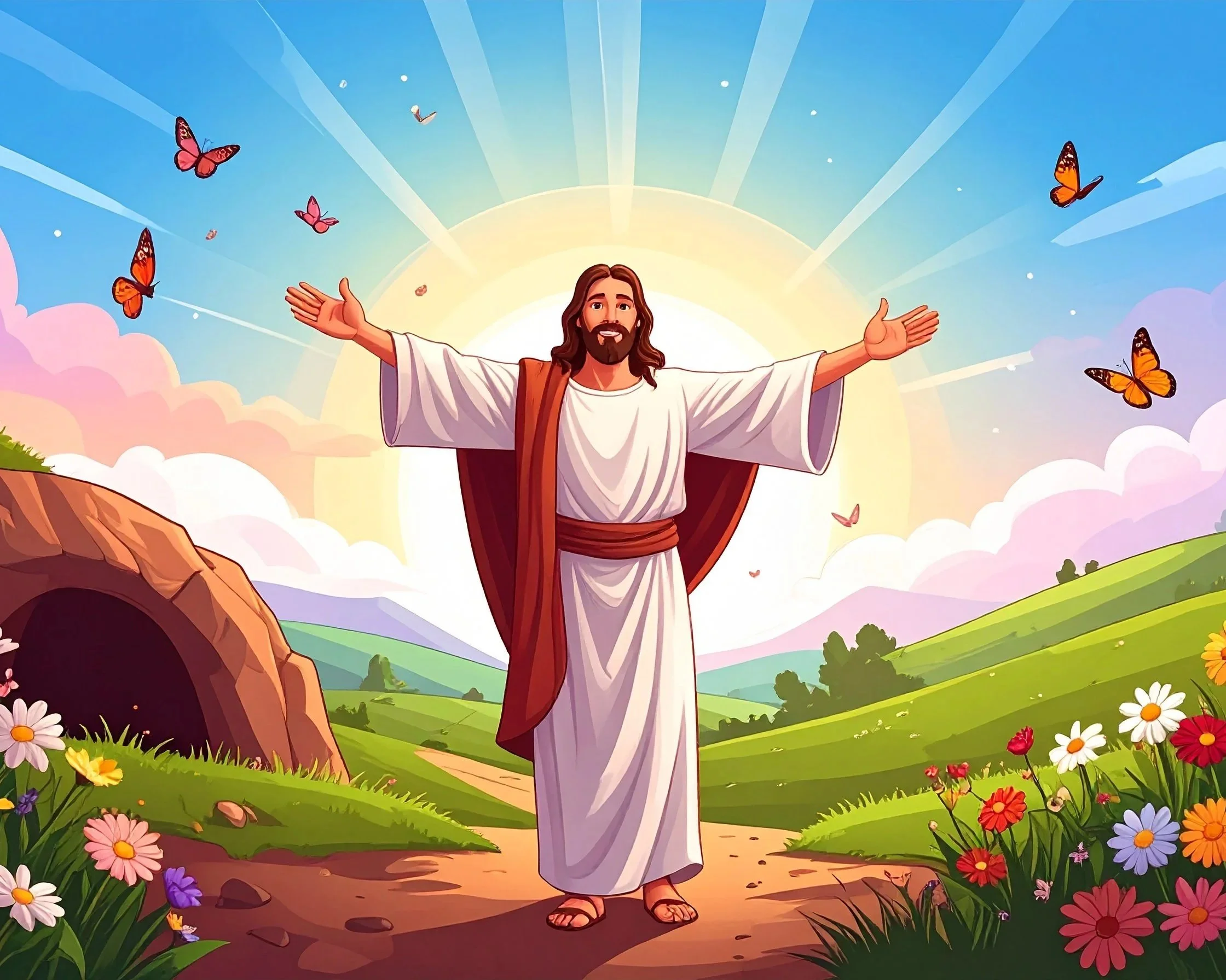 Illustration of Jesus Christ standing outdoors on a dirt path with arms outstretched, a bright sun behind him, colorful butterflies flying around, green rolling hills, and a partly cloudy sky with rays of sunlight.