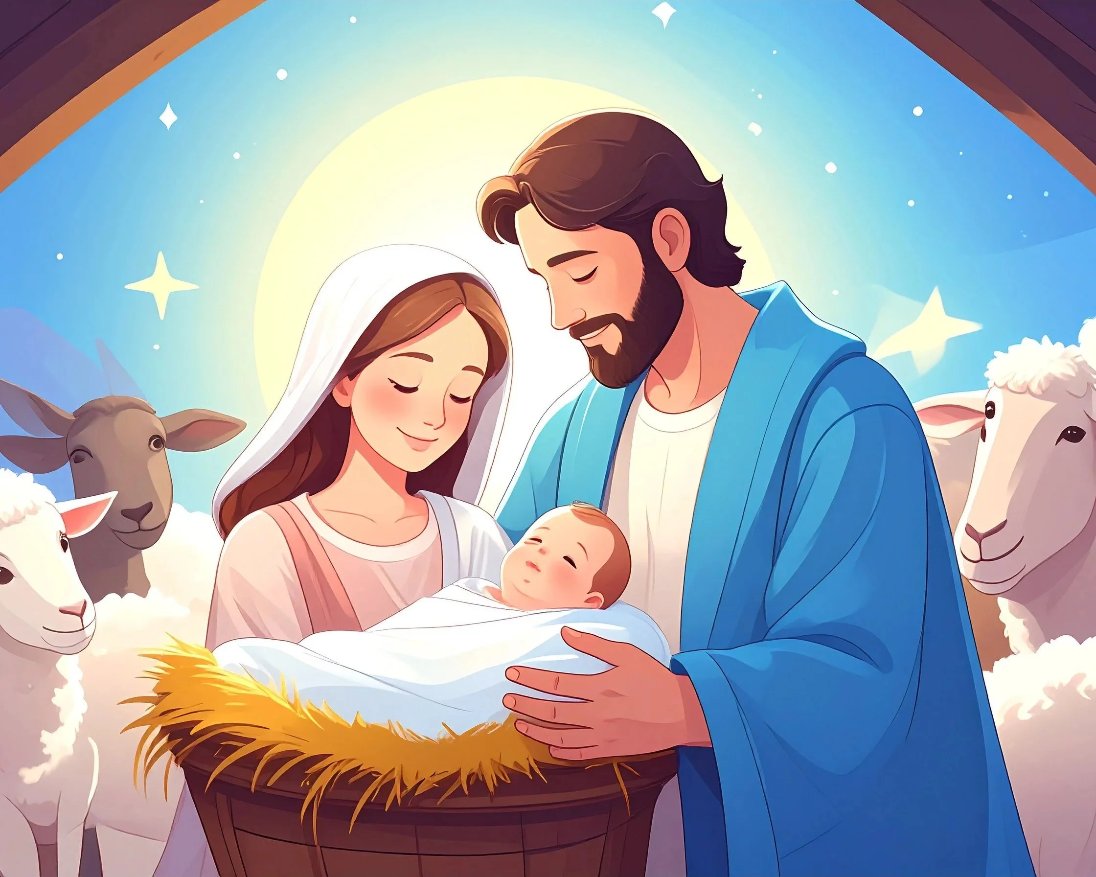 Mary and Joseph holding baby Jesus in a manger, surrounded by sheep and cows, with a bright star shining above.