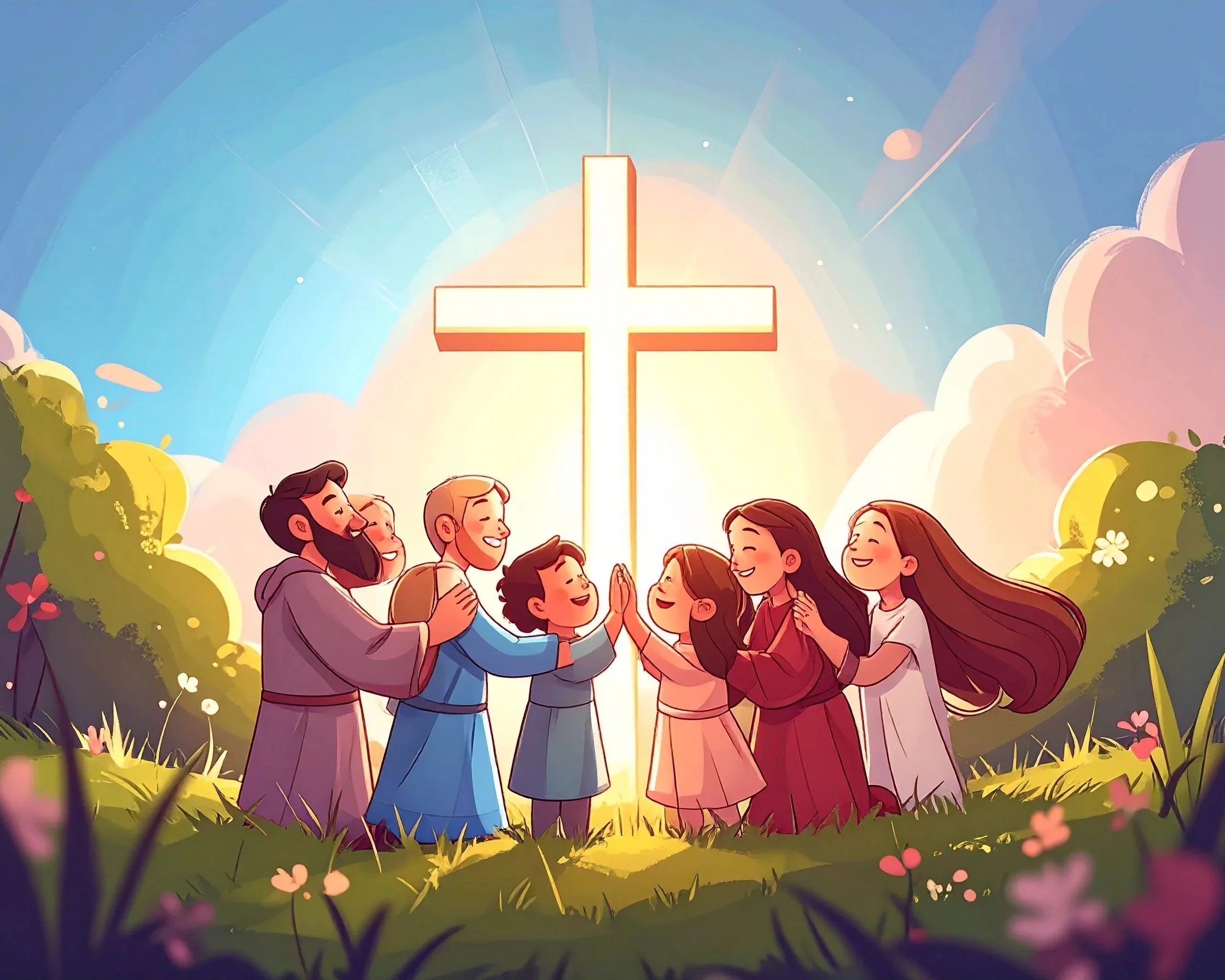 Illustration of Jesus and children happily praying in front of a glowing cross in the sky, with lush greenery and flowers around them.
