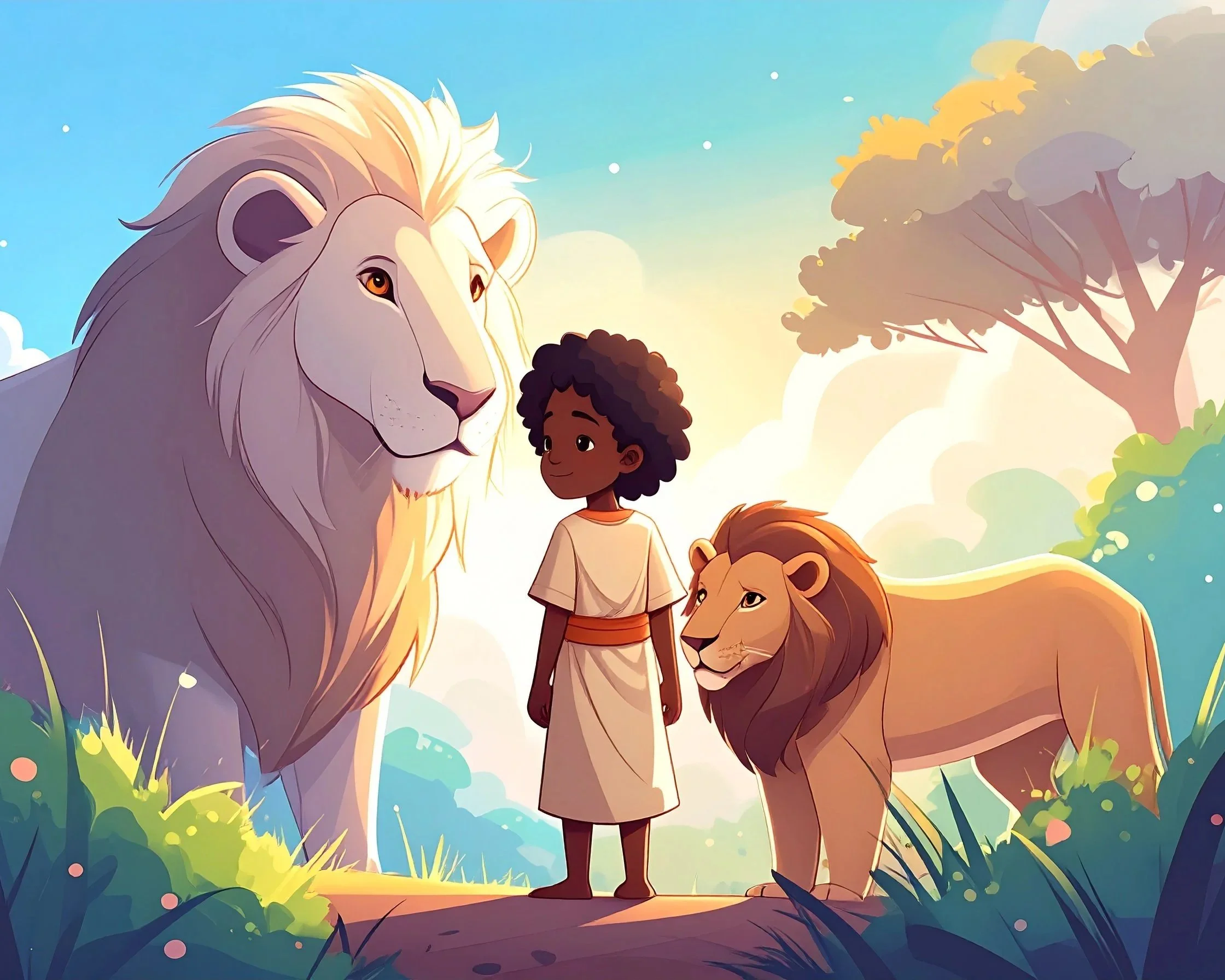 An animated boy in beige clothing standing between a white lion with a golden mane and a tan lion with a darker mane, set in a lush green landscape with trees and a blue sky.