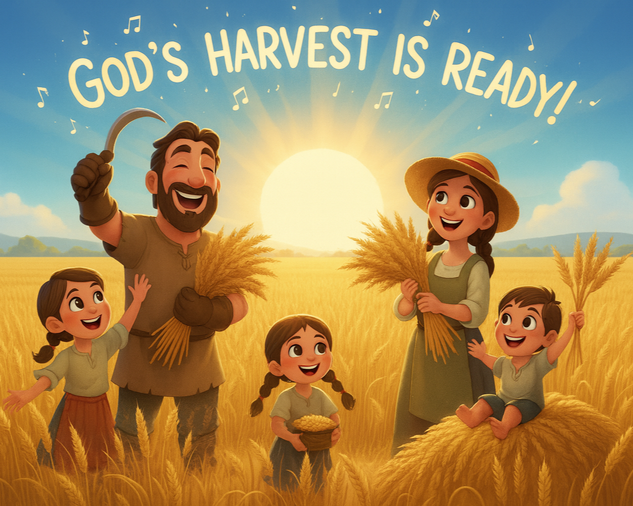 Animated image of a family in a wheat field during sunset, holding wheat stalks, with the caption 'God's harvest is ready!' above them.
