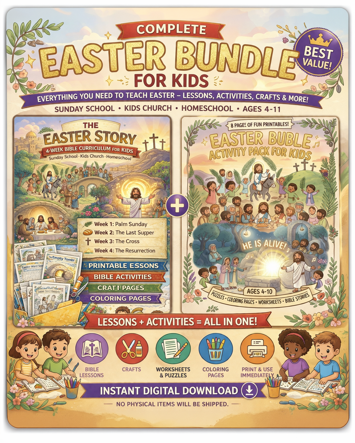 Colorful Easter-themed educational bundle for kids, includes Bible lessons, crafts, worksheets, coloring pages, and activities for children ages 4-11, with illustrations of children celebrating Easter, Jesus, and biblical scenes.