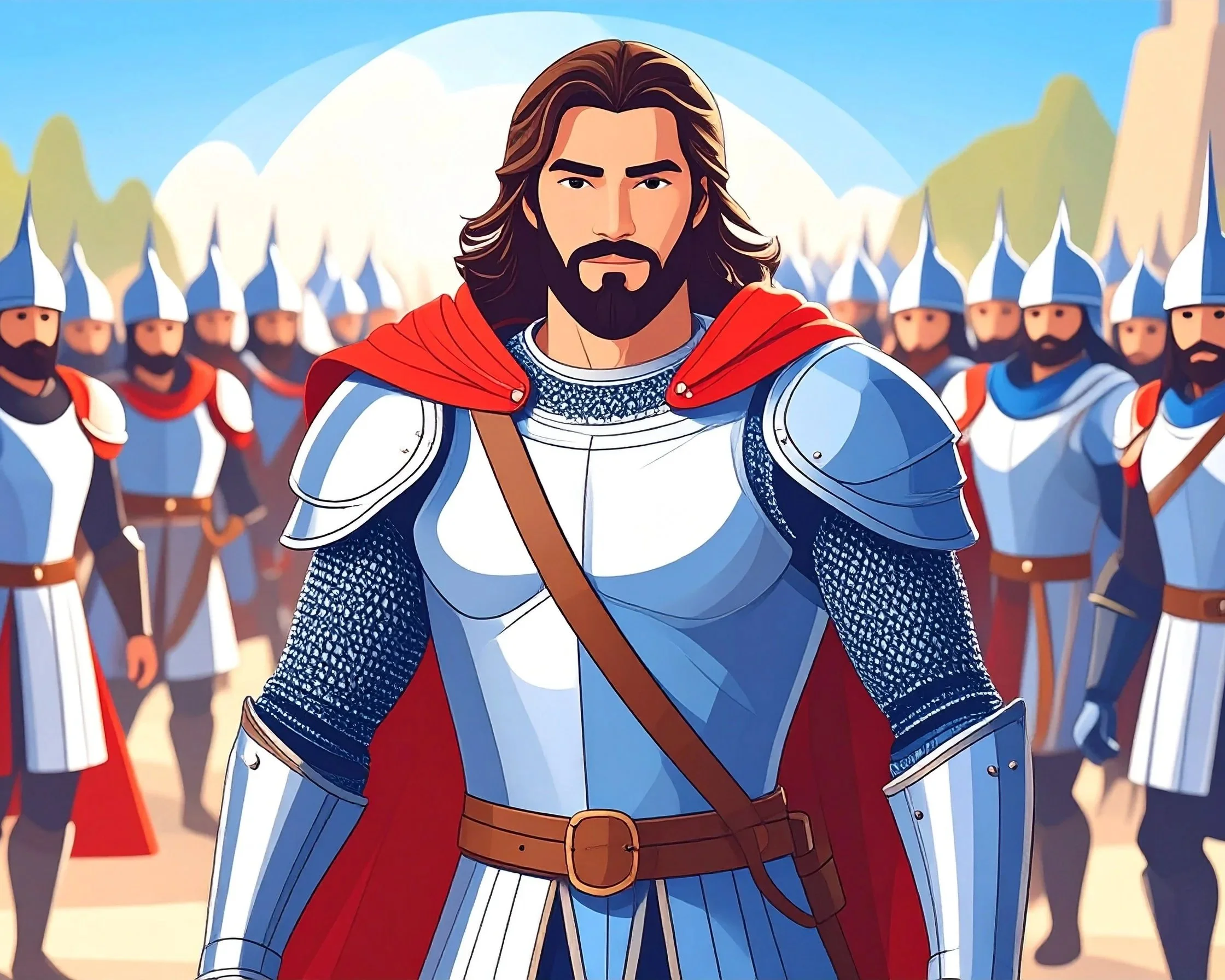 Digital illustration of a man dressed as a medieval knight, wearing shiny armor with a red cape, standing confidently in front of a formation of soldiers in similar armor with helmets, set outdoors with mountains and a blue sky in the background.