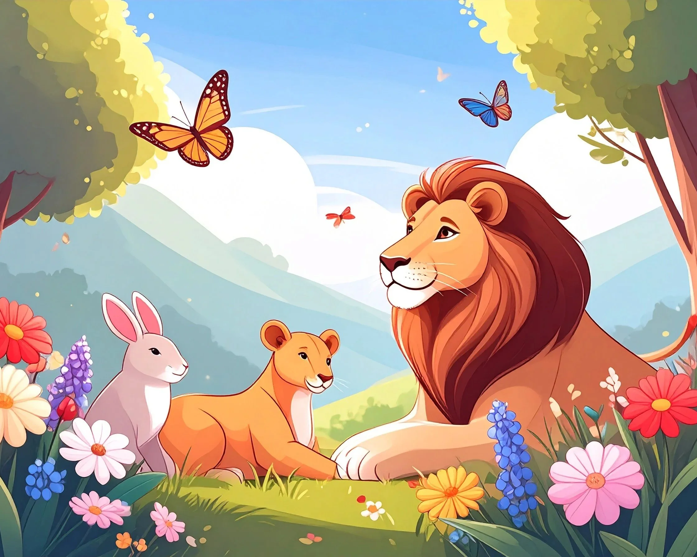 An animated scene with a lion, a rabbit, and a lioness lying on the grass surrounded by colorful flowers, with butterflies and a blue sky in the background.