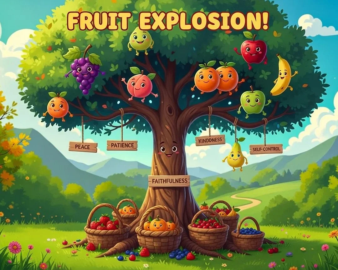 A cartoon fruit tree with smiling, anthropomorphic fruits hanging from the branches labeled with positive virtues. The tree has a face and four signs hanging from the branches labeled 'Peace,' 'Patience,' 'Kindness,' and 'Self-Control.' The roots of the tree are surrounded by baskets of colorful berries and pumpkins. The background features a scenic landscape with green hills and a winding path.