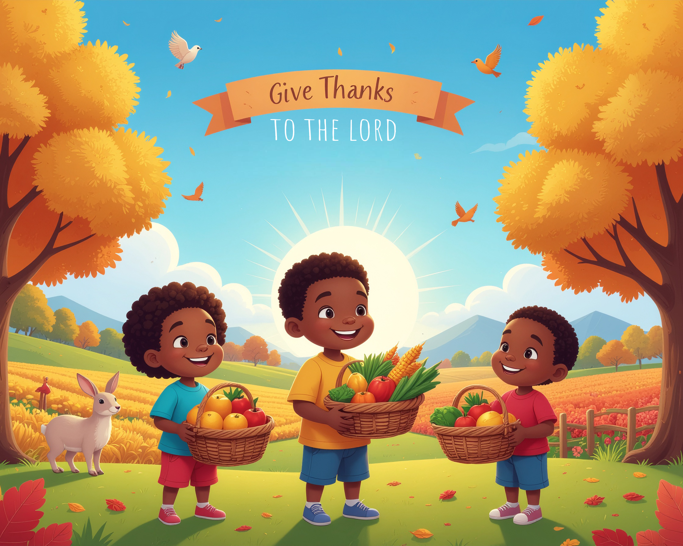 Three children holding baskets of vegetables in a sunny autumn outdoor setting with trees, mountains, a white rabbit, birds, and falling autumn leaves, with a banner that says 'Give Thanks to the Lord'.