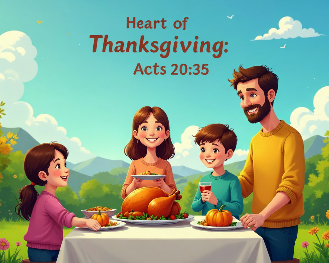 Cartoon family celebrating Thanksgiving outdoors with a table full of food, including a turkey, pumpkins, and side dishes, under a blue sky with clouds.