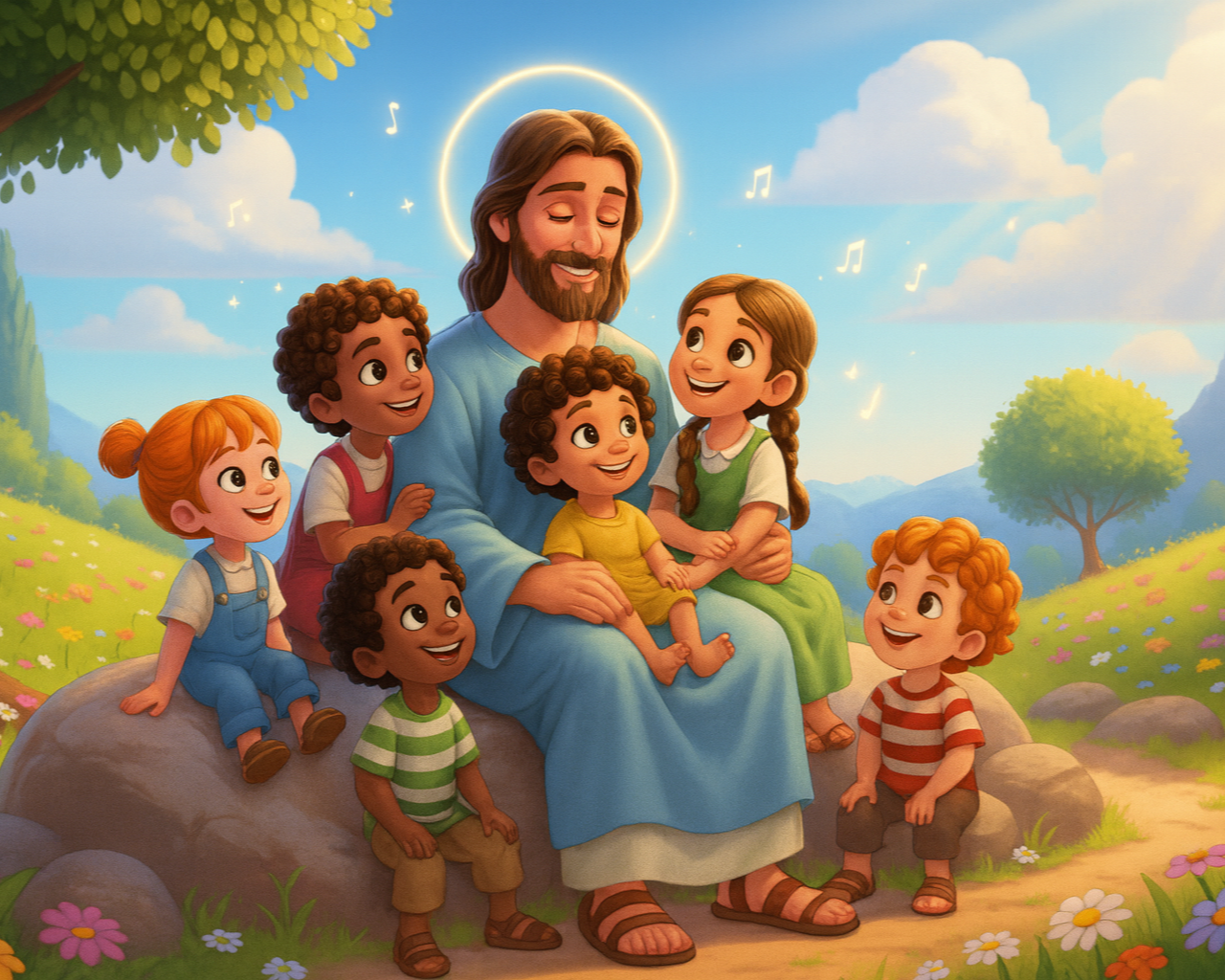 Painting of Jesus Christ surrounded by six children on rocks in a lush green meadow with mountains and trees in the background, with a glowing halo and musical notes around Jesus.