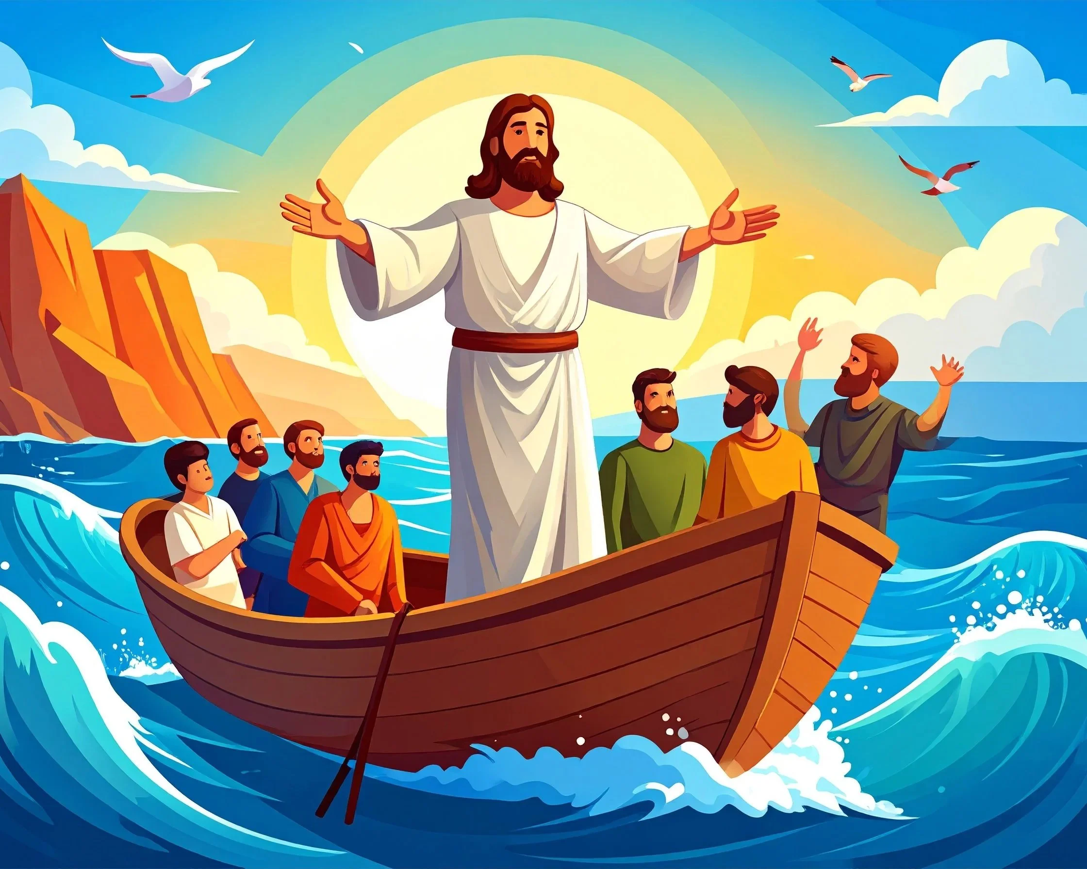 Illustration of Jesus Christ standing in a boat on the sea, with arms outstretched, surrounded by six men, some with raised hands, with seagulls flying overhead and a bright sun behind him.