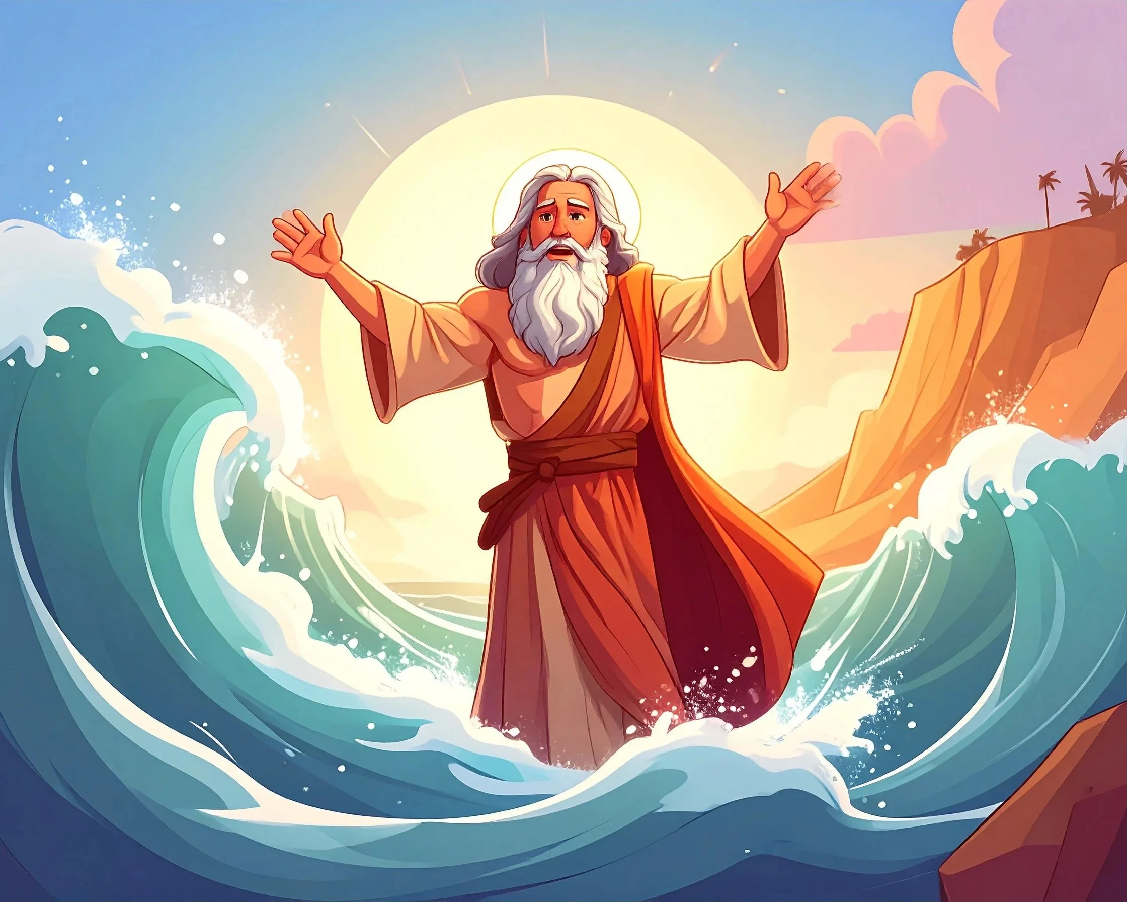 Animated depiction of Jesus Christ standing in turbulent ocean waves, with arms outstretched, a halo around his head, and a horizon with hills and palm trees in the background at sunrise or sunset.