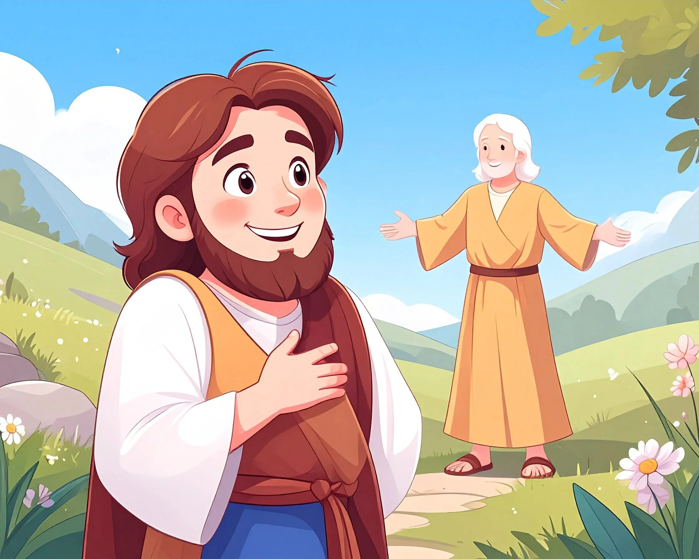 An animated depiction of Jesus smiling and touching his chest, with the resurrected Jesus Christ in the background with open arms, set in a lush green outdoor landscape with mountains, flowers, and a blue sky.