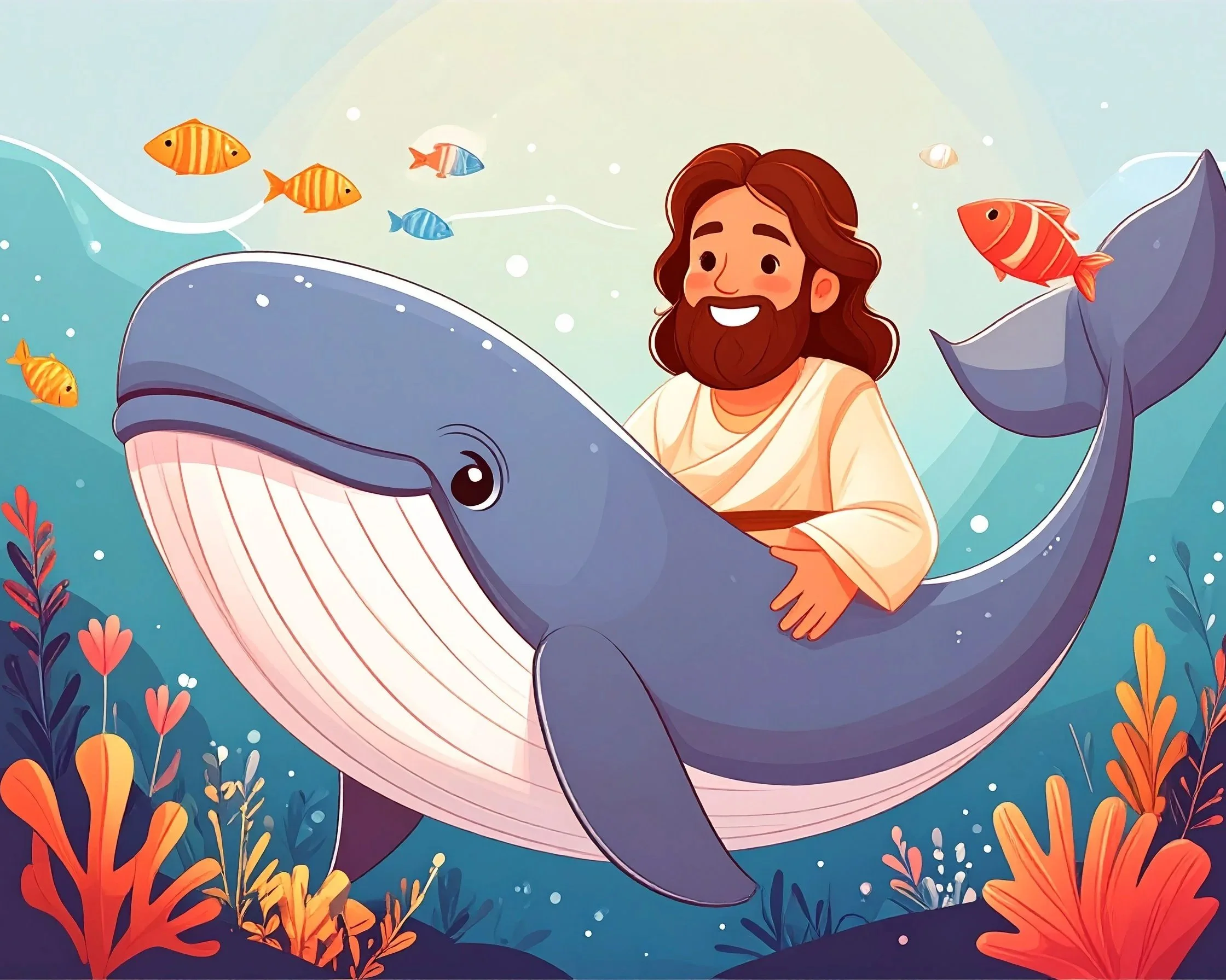 Cartoon illustration of Jesus smiling while riding on a whale underwater surrounded by colorful fish and coral.