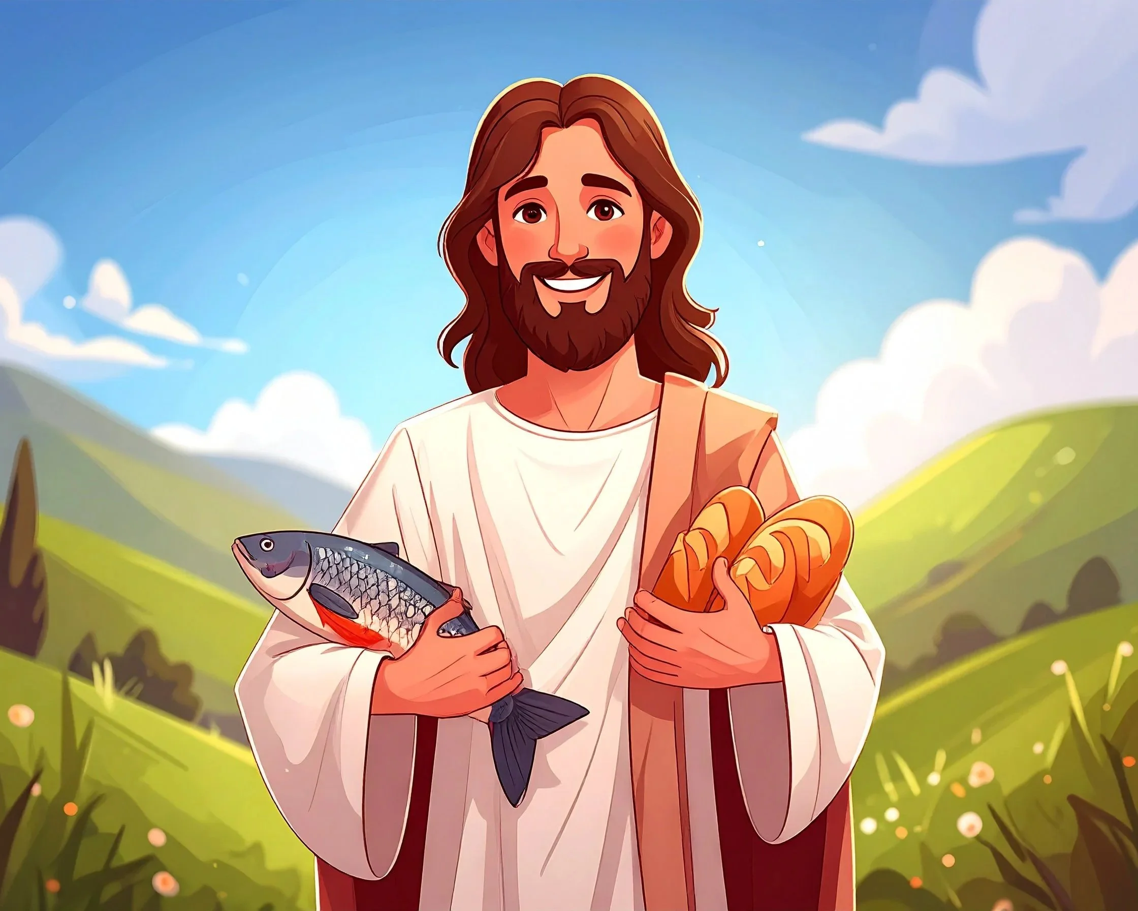 Cartoon depiction of Jesus Christ holding a fish and bread, set outdoors with rolling green hills and a blue sky with clouds.