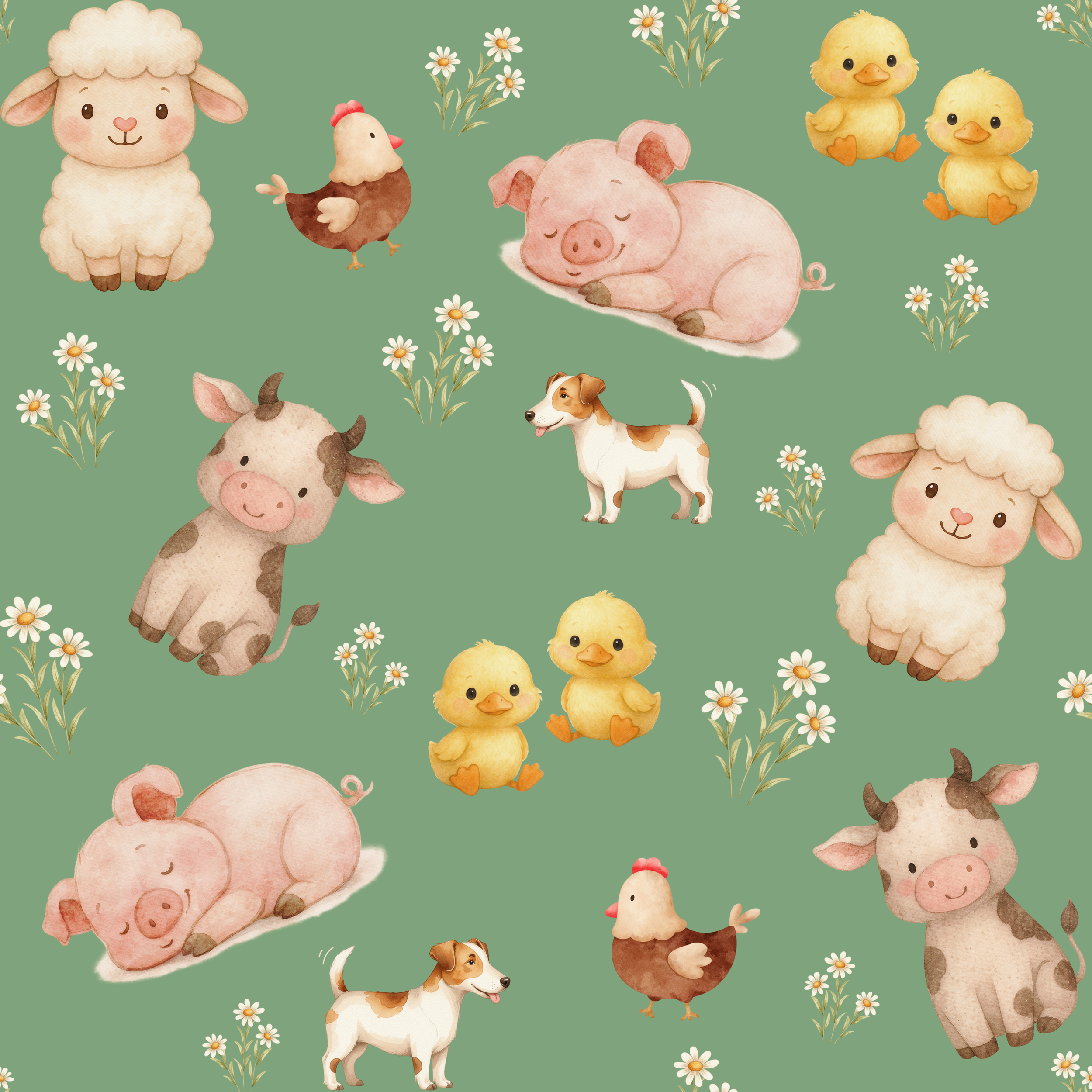 Cute Farm Animal, Green Background, Repeating Pattern Digital Image, Seamless tile