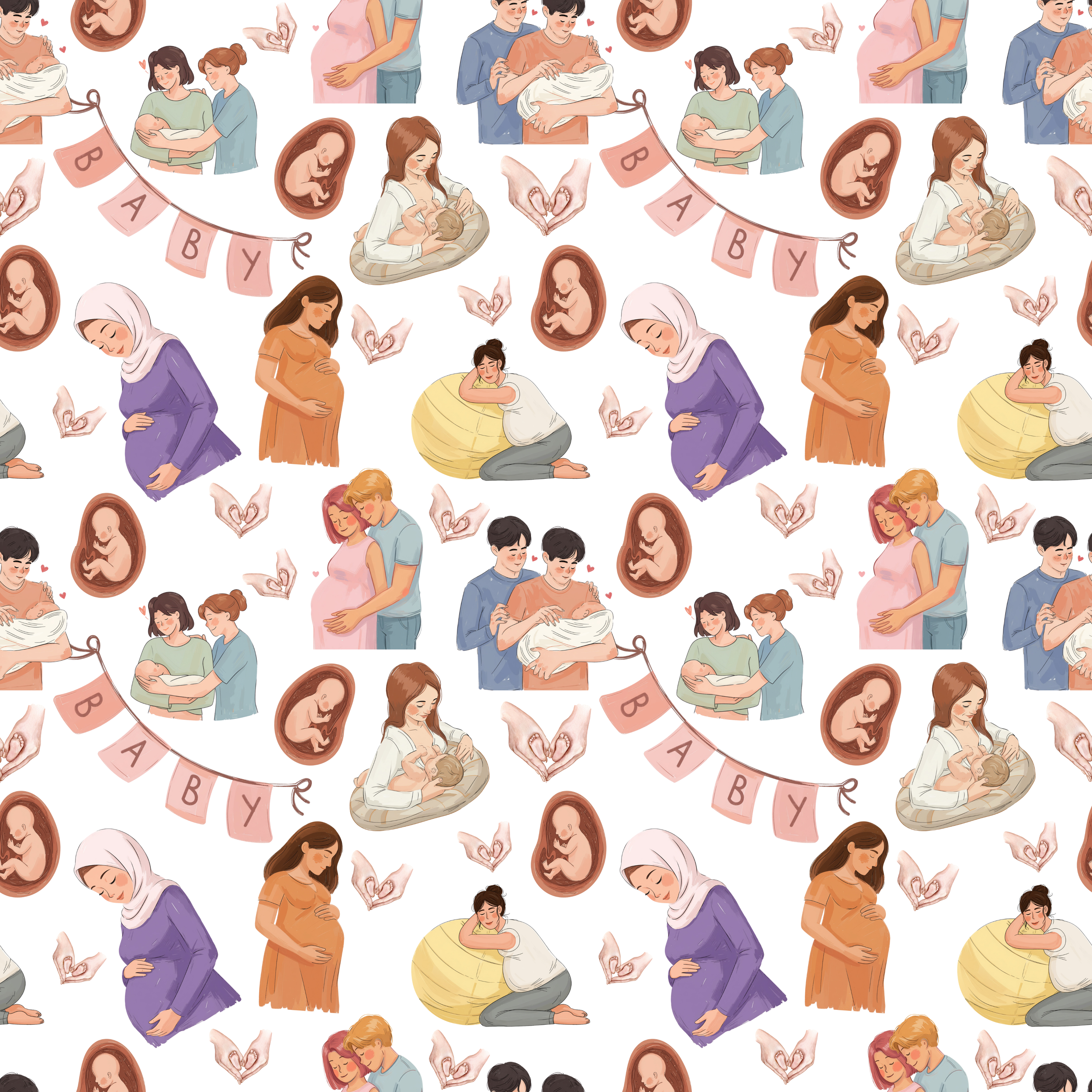 Midwife, Doula, White Background, Repeating Pattern Digital Image, Seamless tile