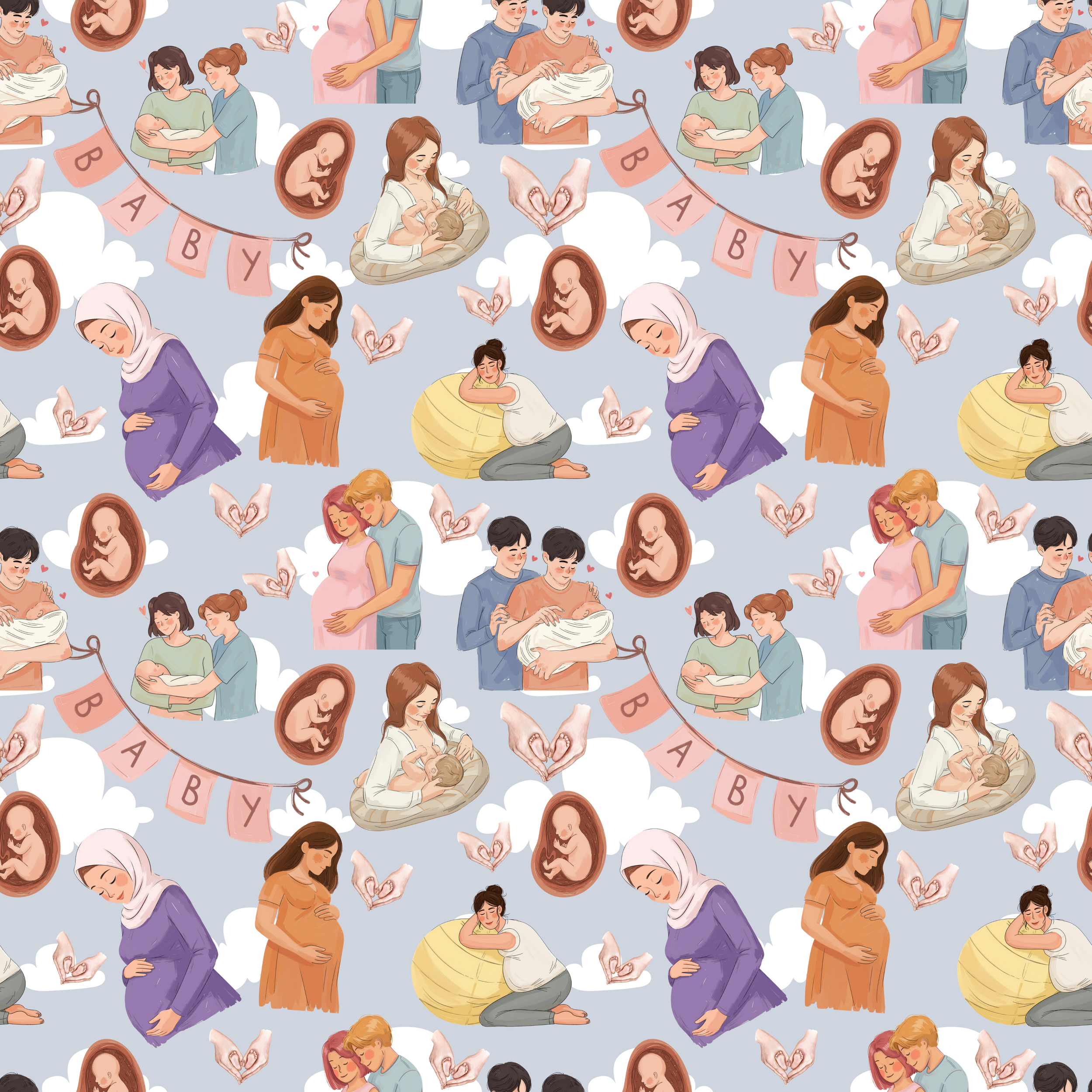 Midwife, Doula, Purple Background, Repeating Pattern Digital Image, Seamless tile