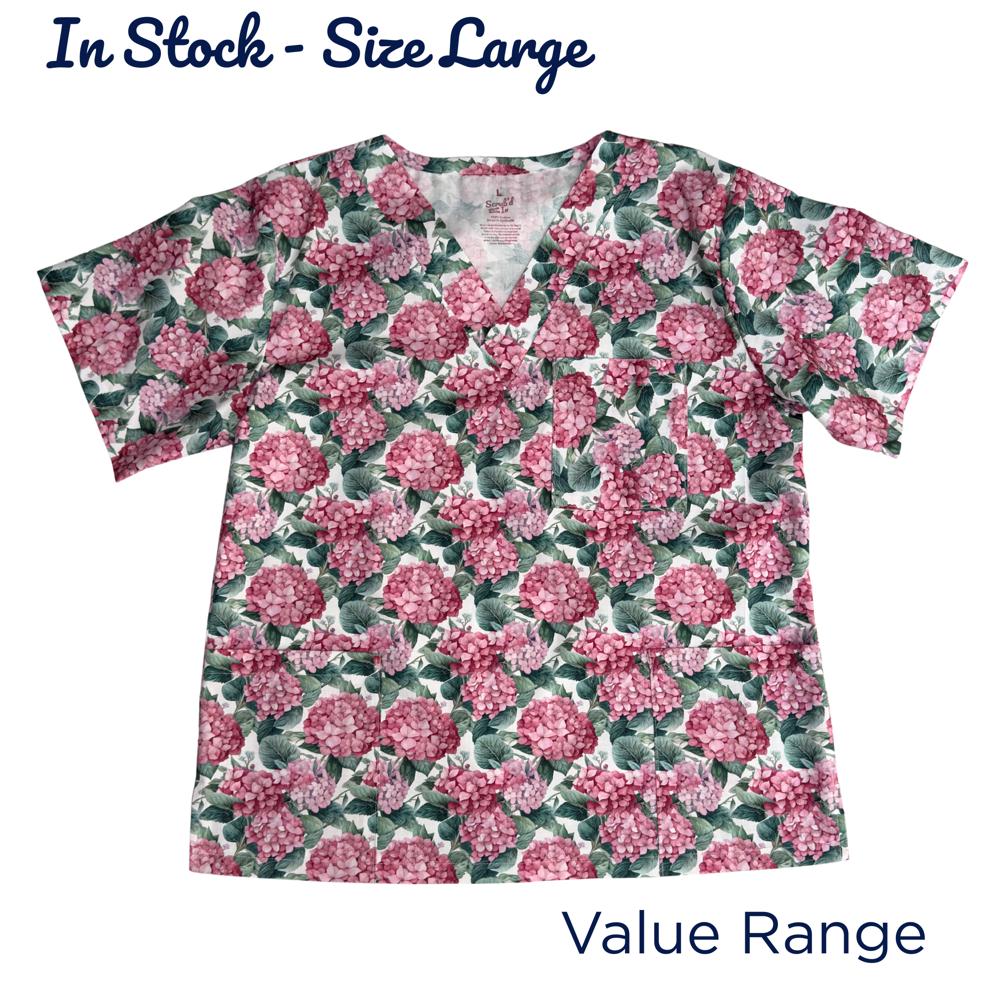 Size X-Large (approx. AU 18), Nora's Nursery Pink Hydrangeas Scrub Top
