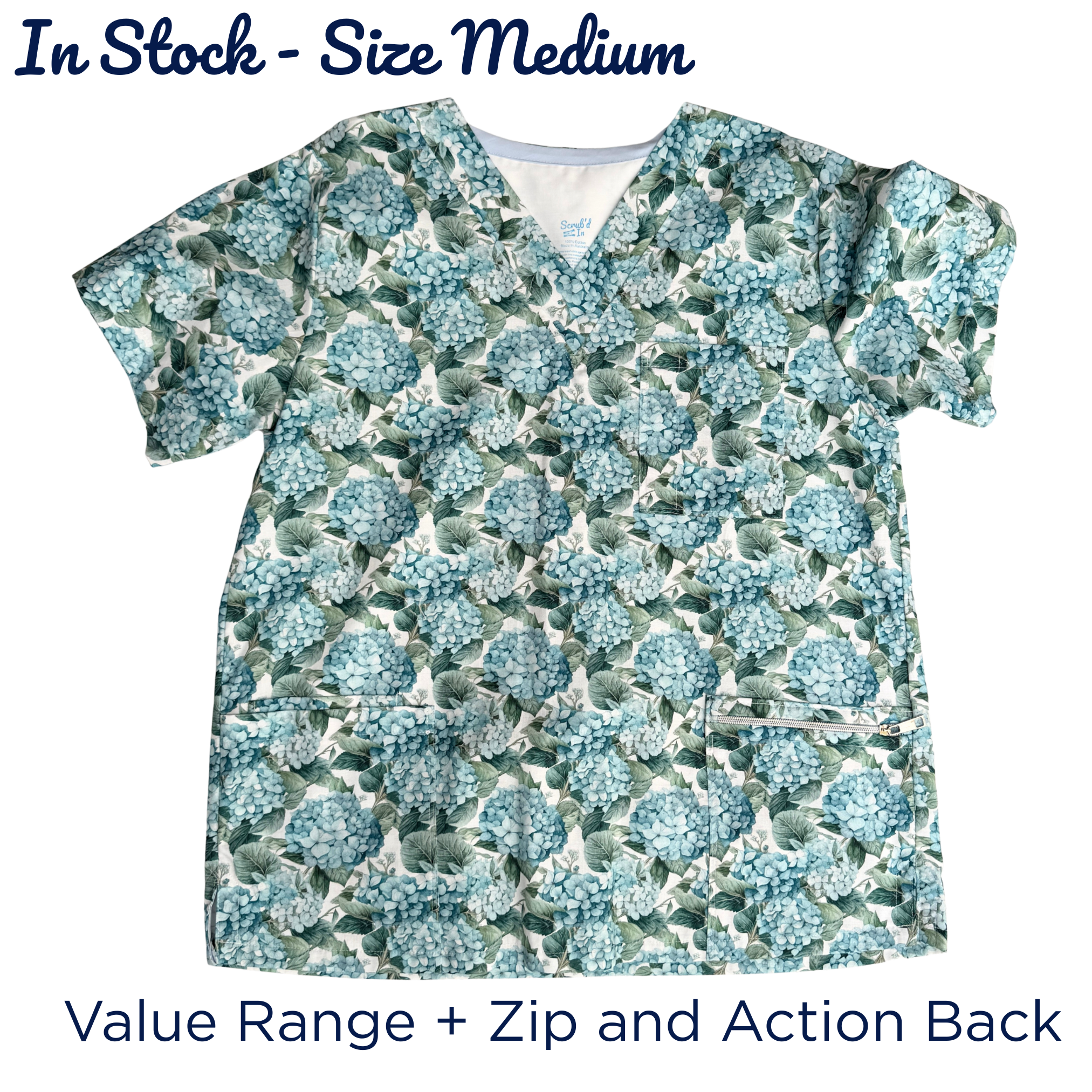 Size Medium, Nora's Nursery Blue Hydrangeas Scrub Top