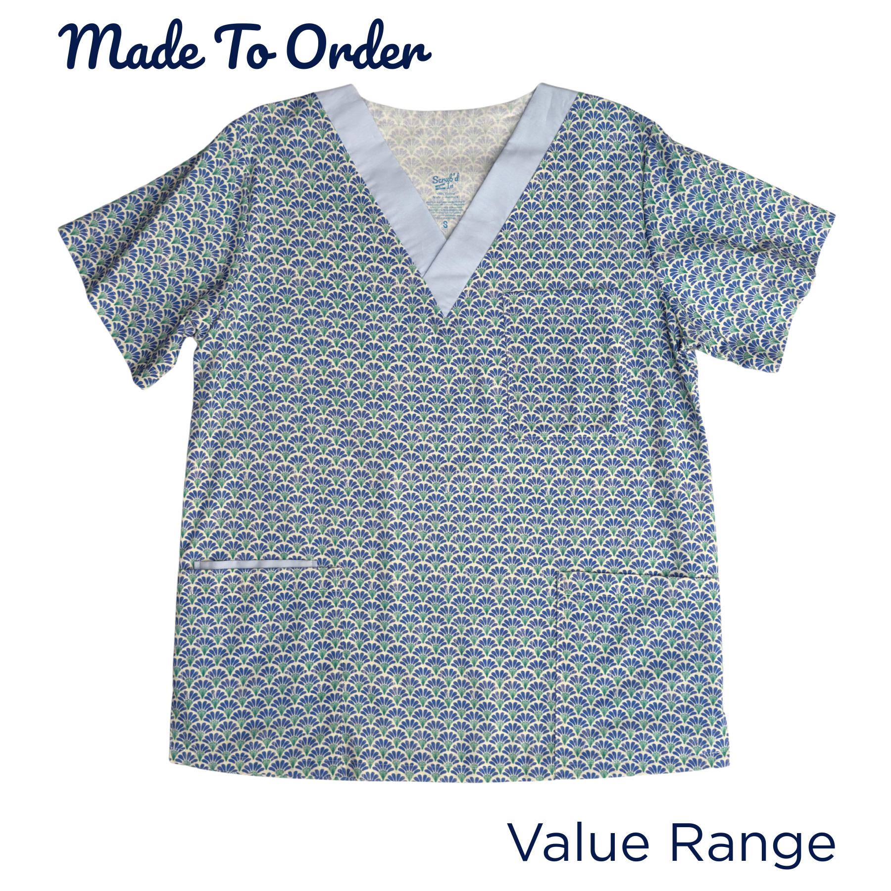 Blue Sea Shells Scrub Top (Made to Order - Value Range)