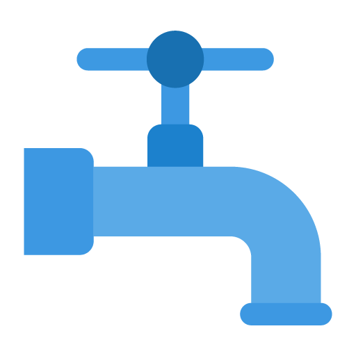A blue water faucet with a handle on top.
