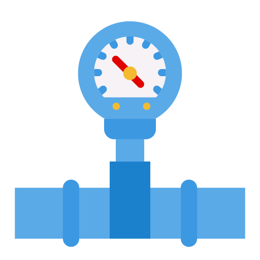 A blue water pressure gauge attached to water pipes.