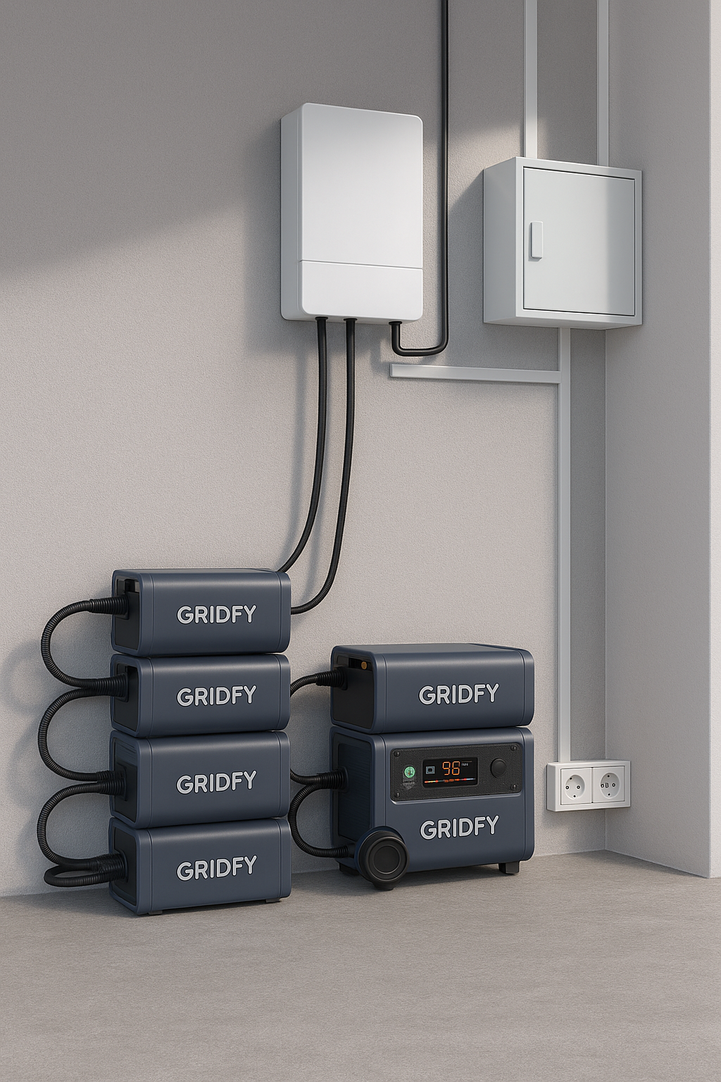 A modern energy storage system with multiple GRIDFY battery units connected to an electrical panel and wall sockets on a gray wall.