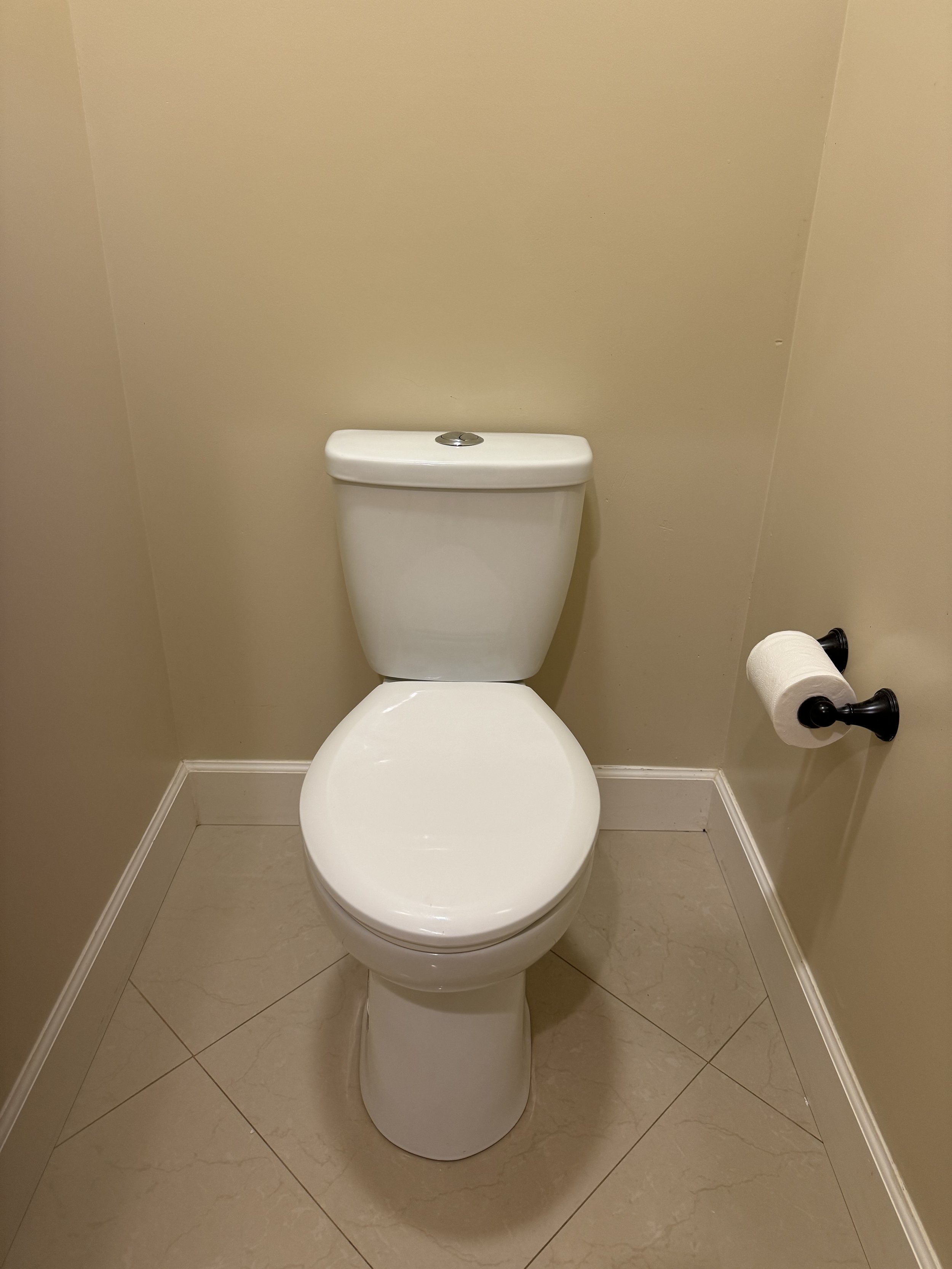 A white toilet with a tank and a closed lid in a beige bathroom, with a toilet paper roll on a black holder mounted on the right wall.