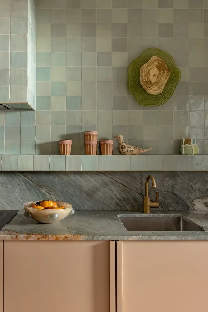 kitchen bench with tiled splashback