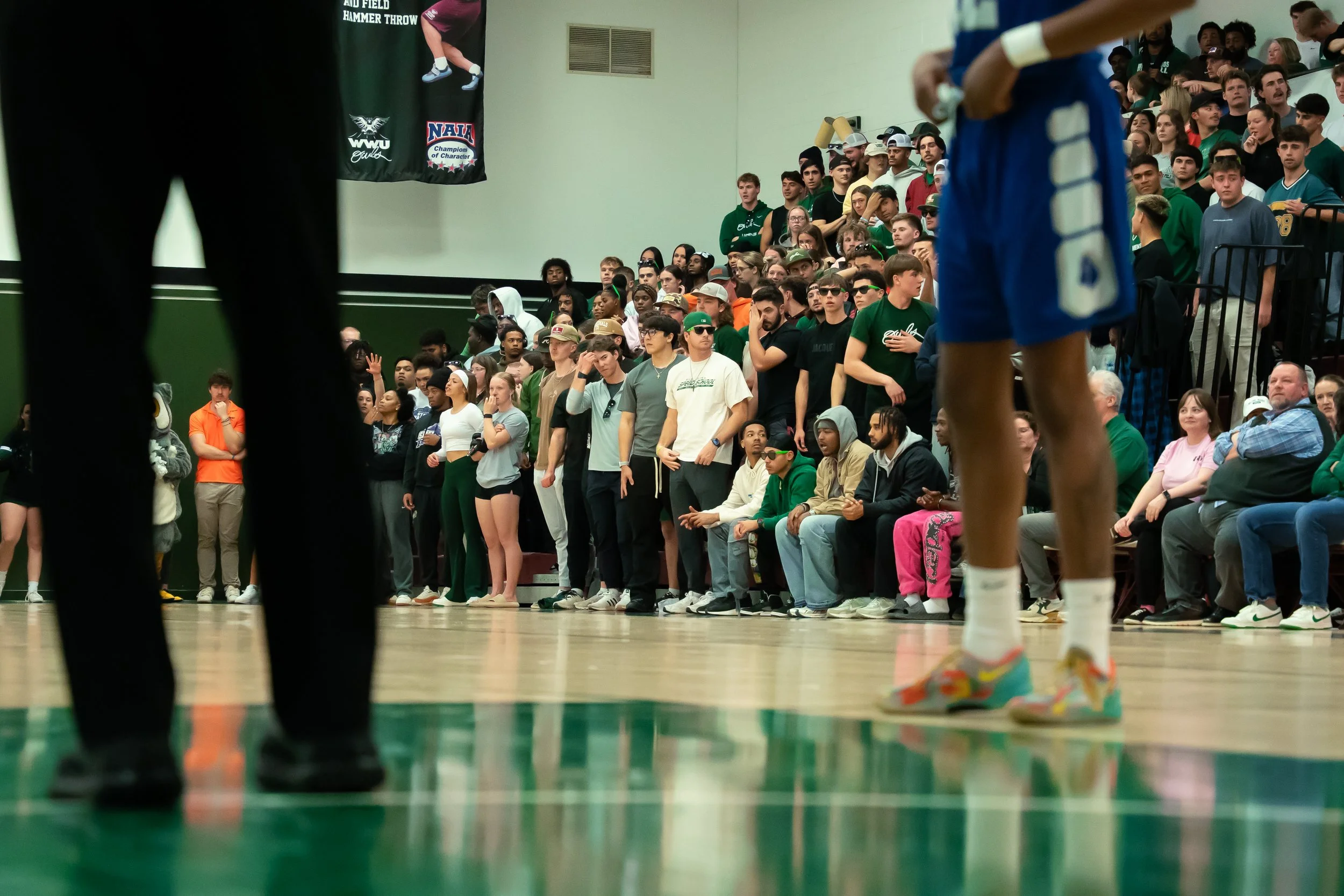 Crowd of students and spectators watching a basketball game in a gymnasium.