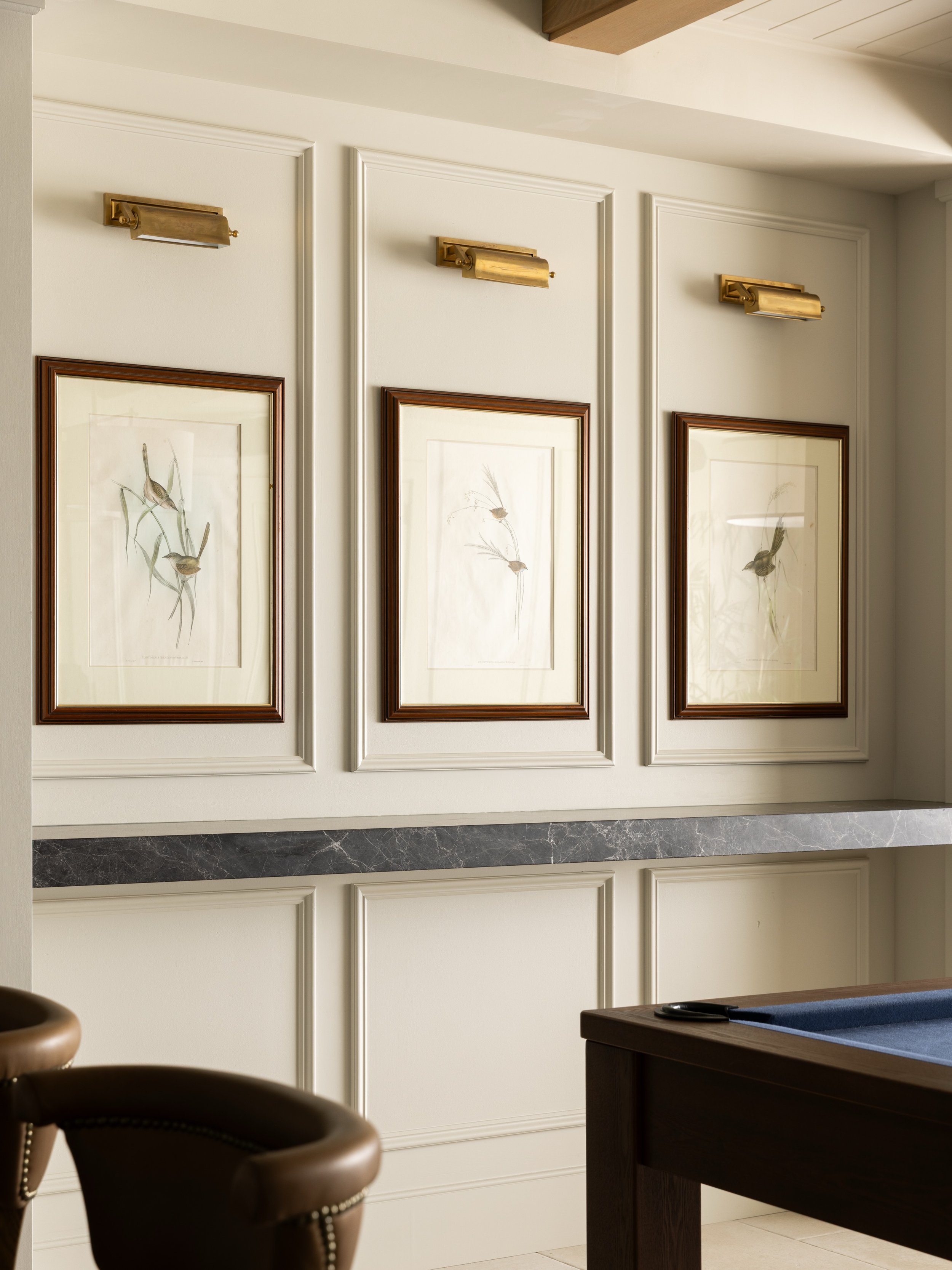 John Gould&rsquo;s celebrated lithographs from The Birds of Australia, bring a sense of history and quiet character to the billiard room at our Balmoral project. Below, a floating marble shelf introduces an understated detail, a place to rest a drink