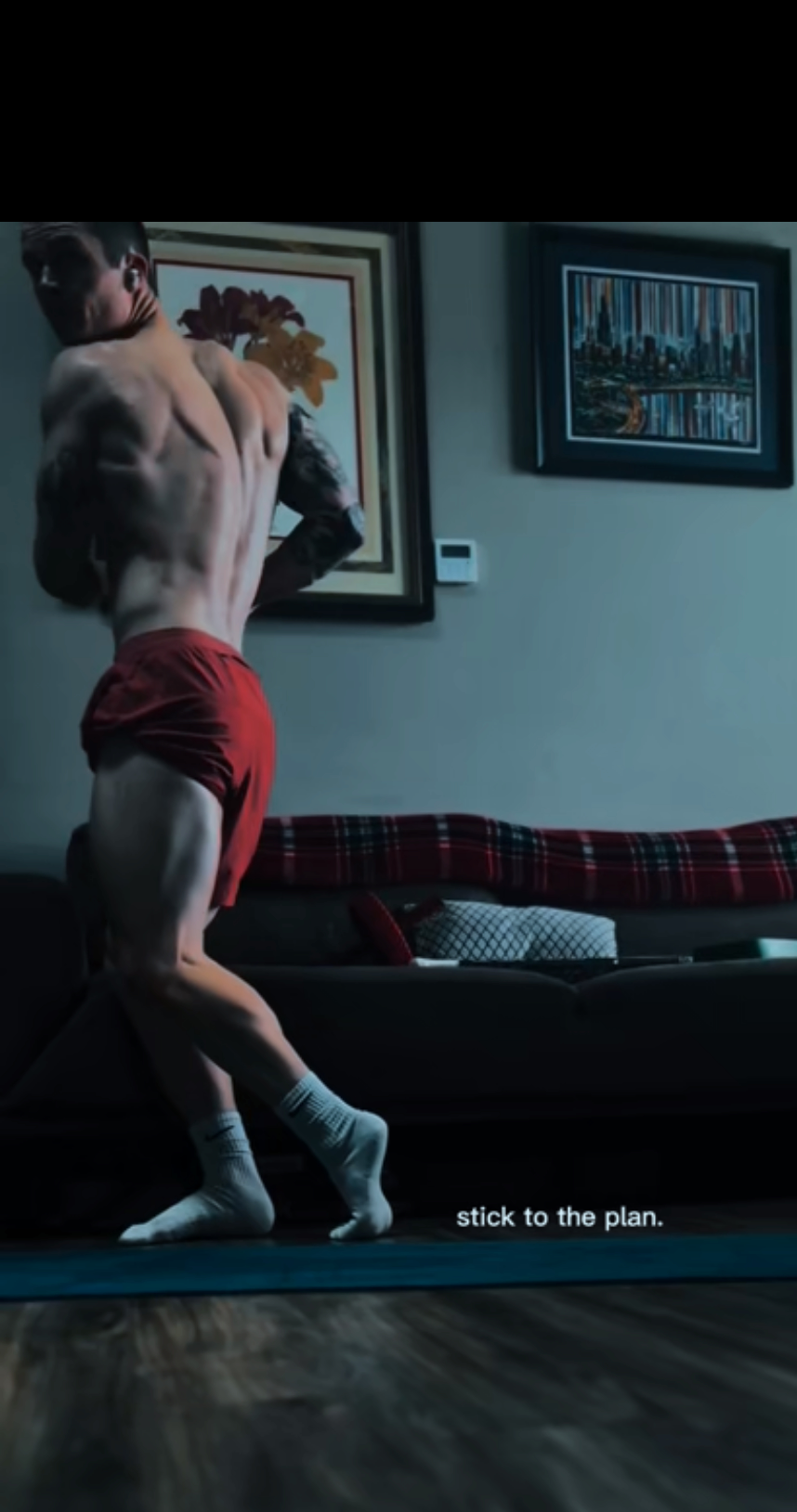 A muscular man in red shorts and white socks standing indoors, with framed artwork on the wall and a plaid blanket on a couch in the background. Text on the image reads, "stick to the plan."