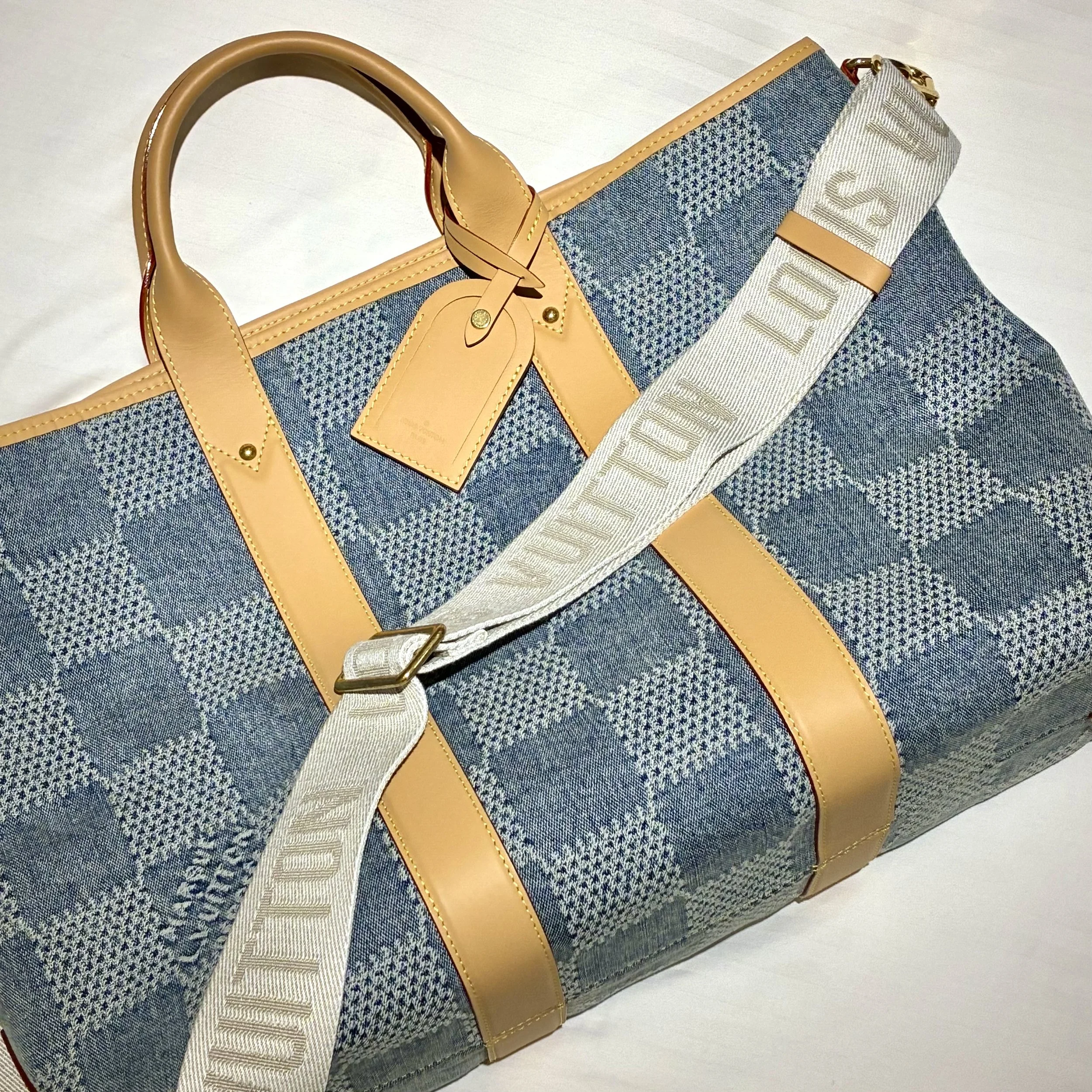 Louis Vuitton Damier Denim 3D棉質帆布週末托特 Weekend Tote