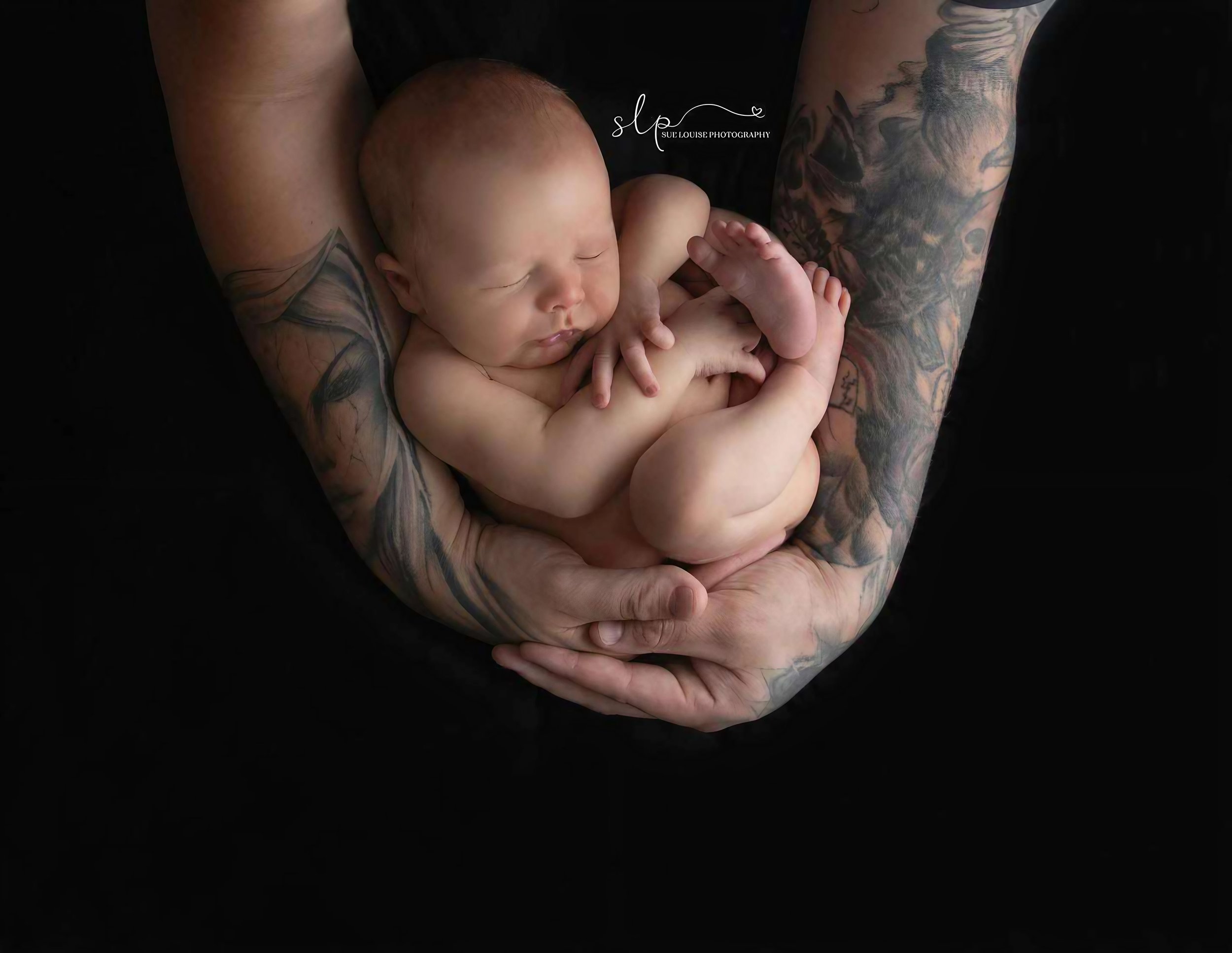 A sleeping newborn baby cradled in the tattooed arms of an adult, with the baby curled into a fetal position against a black background.