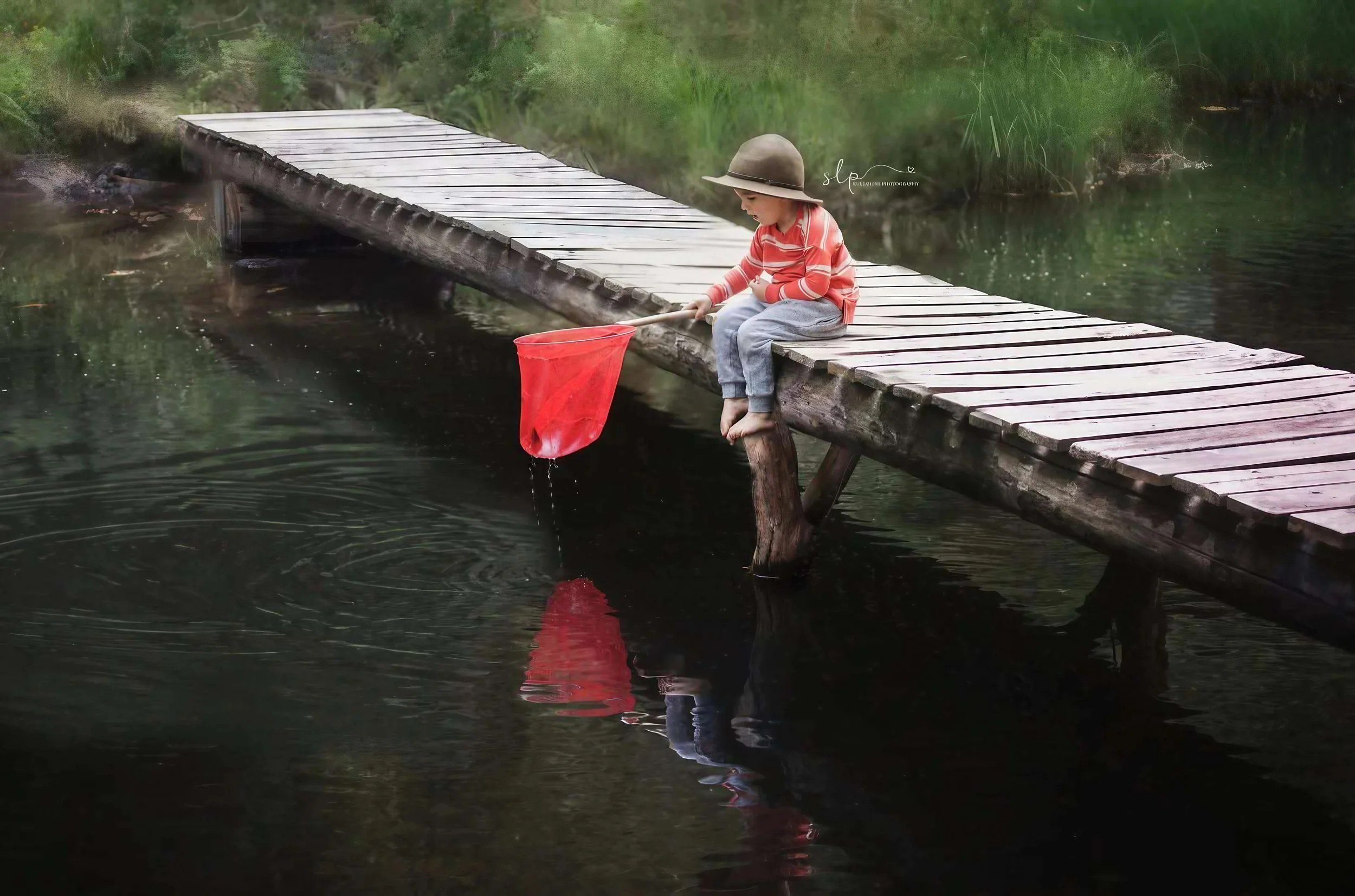 Child sitting on a wooden dock, fishing with a red net into a dark pond, surrounded by greenery.
