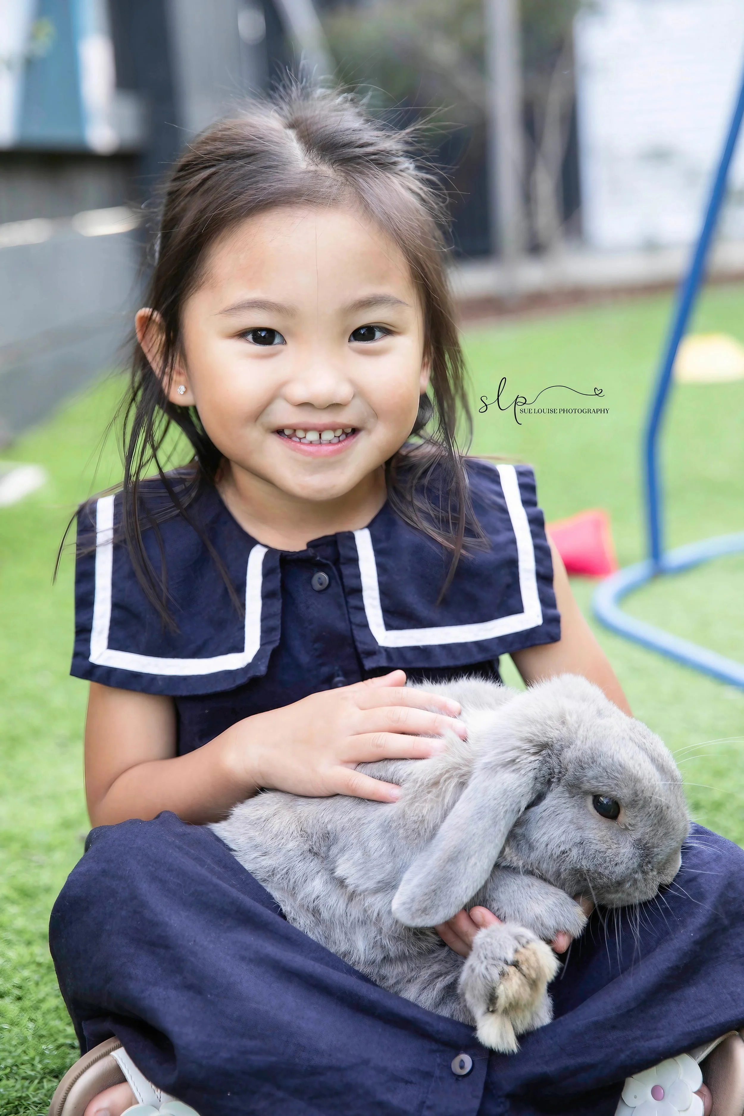 Smiling young girl sitting outdoors on grass, holding a gray rabbit.