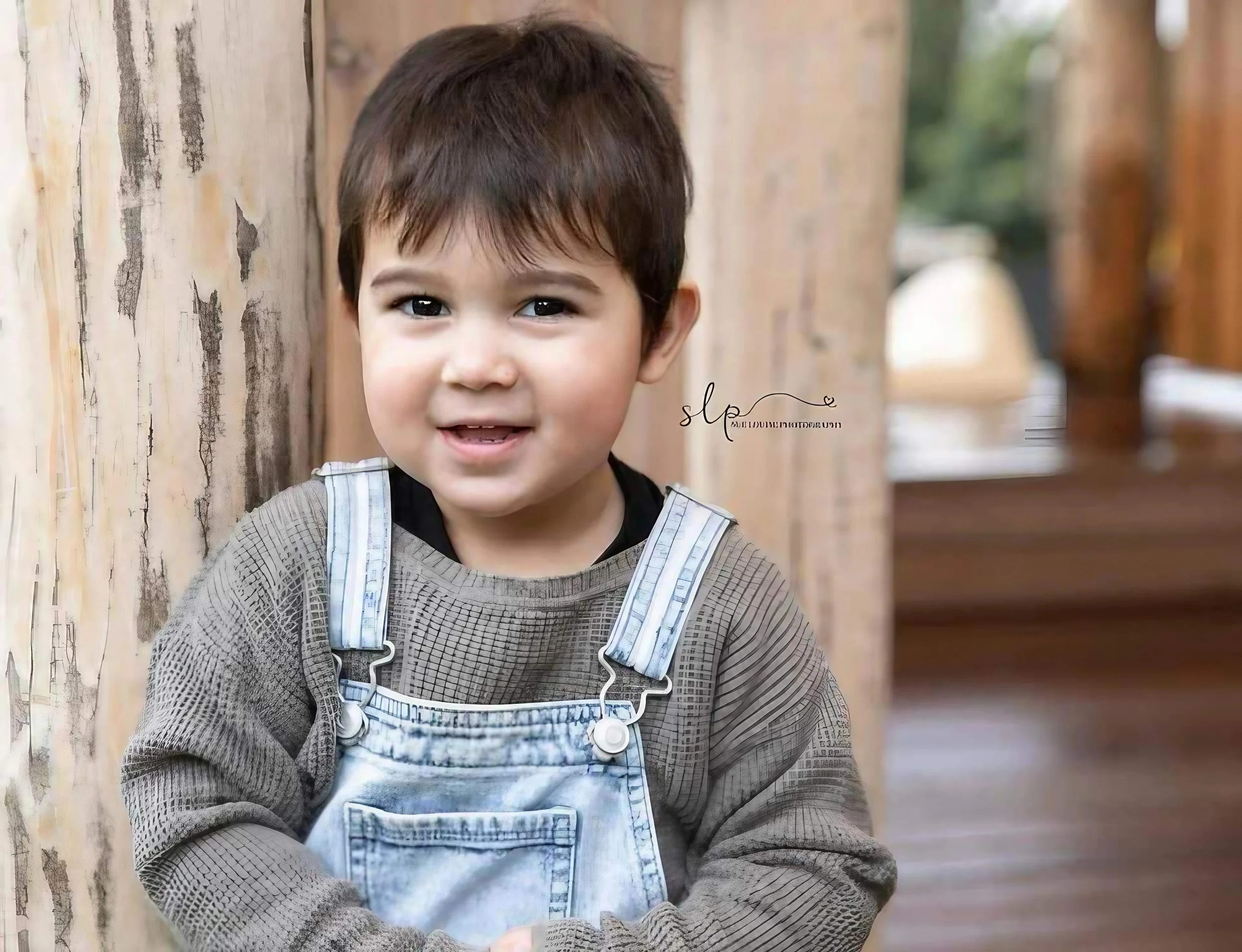 Young boy with dark hair smiling, wearing a gray checkered shirt and light denim overalls, standing outdoors next to wooden panels.