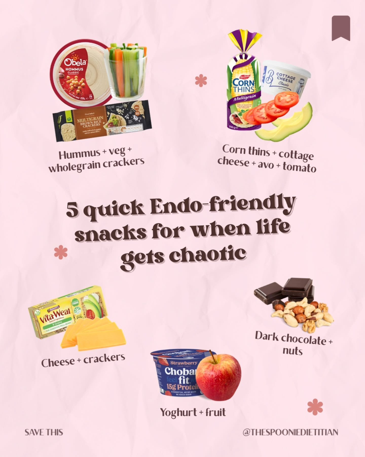 Super chaotic day, but still need a snack?

Here are 5 of my favourite Endo-friendly snacks that are actually easy to pull together. Think fibre, healthy fats, protein and antioxidants. These all involve some of my favourite staple foods.

Save this 
