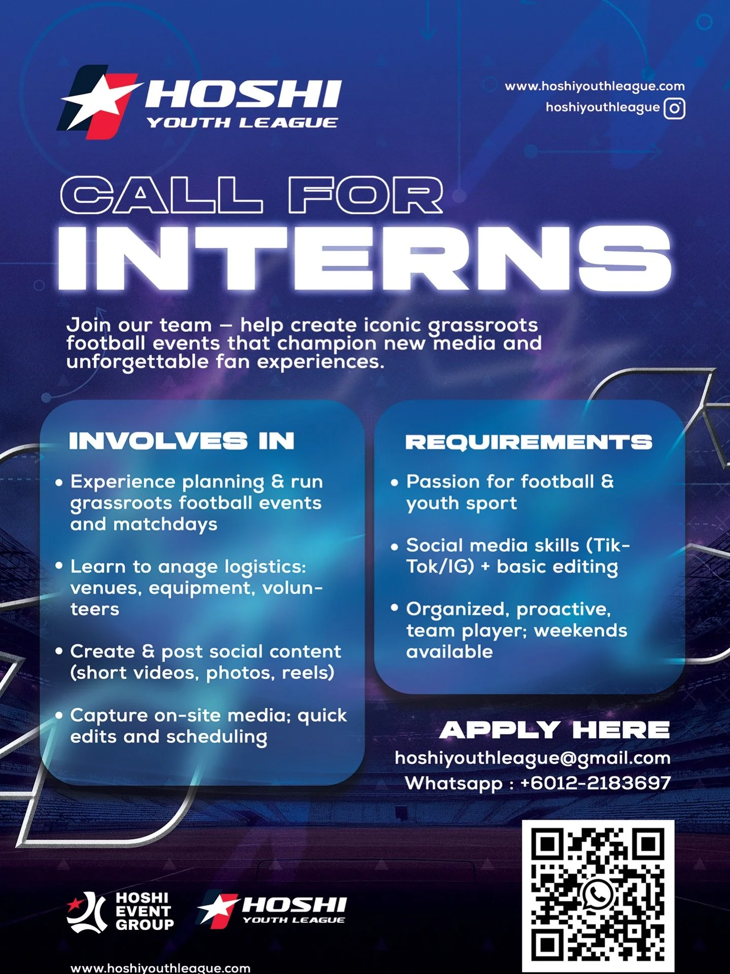 CALL FOR INTERNS 🚀 
We&rsquo;re building the next wave of grassroots football ⚽️
Hoshi Youth League is looking for passionate interns to join our team.

If you love football, content creation, and being part of matchday action &mdash; this is your c