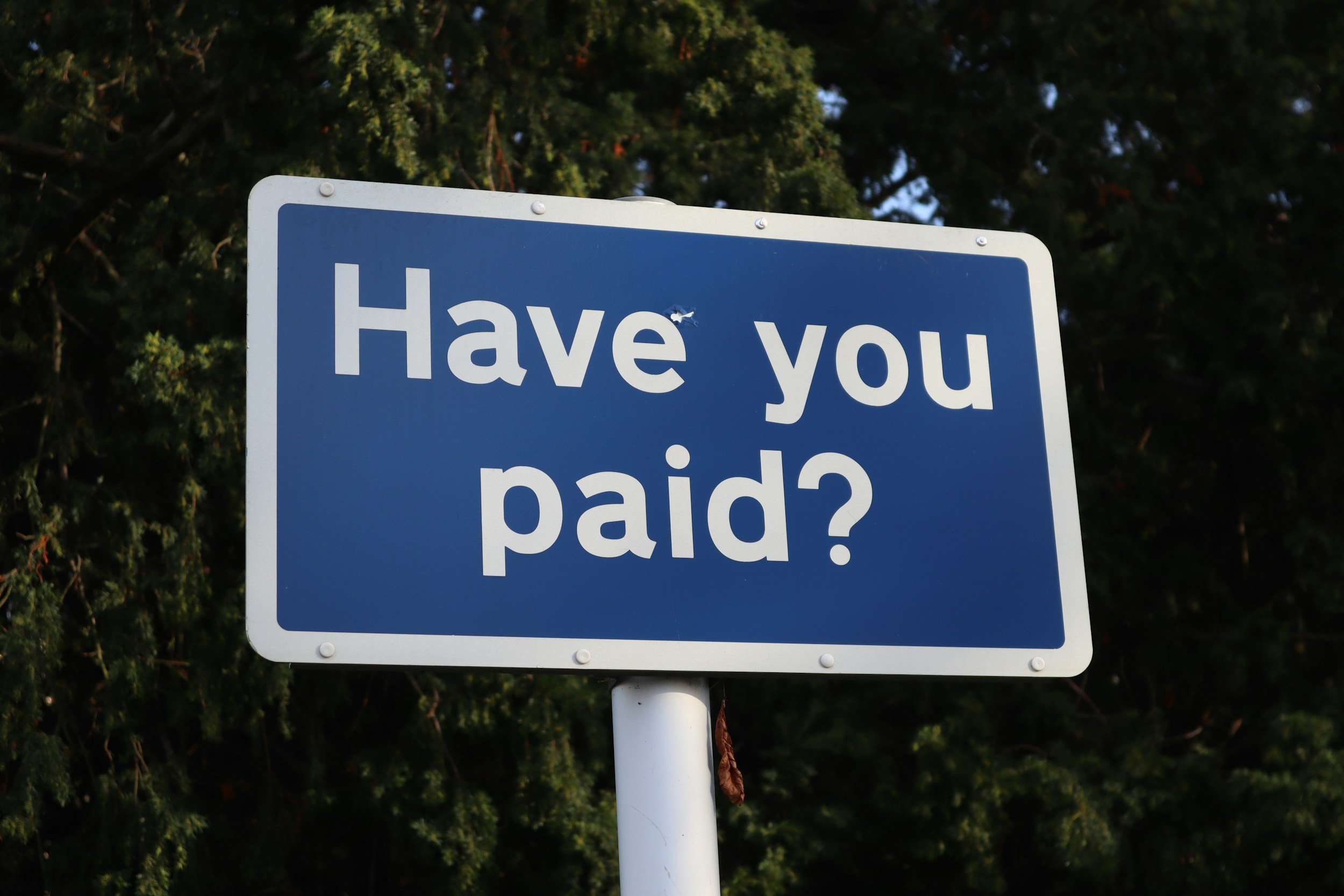 A blue sign with white text asking, "Have you paid?" against a background of green trees.