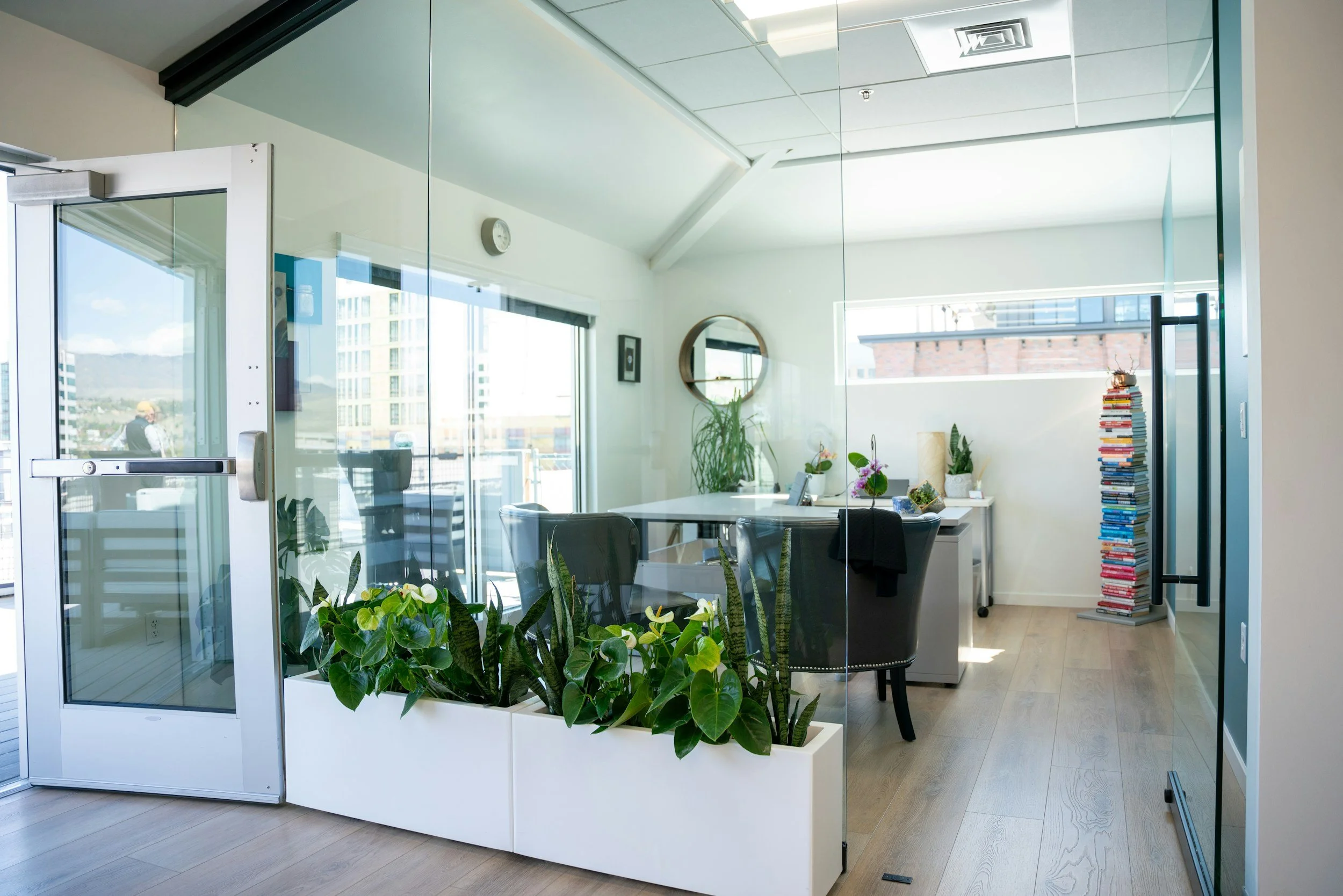 Office conference room with glass walls, a white desk, black chairs, plants, and a white bookshelf with stacked books, windows showing an urban cityscape.