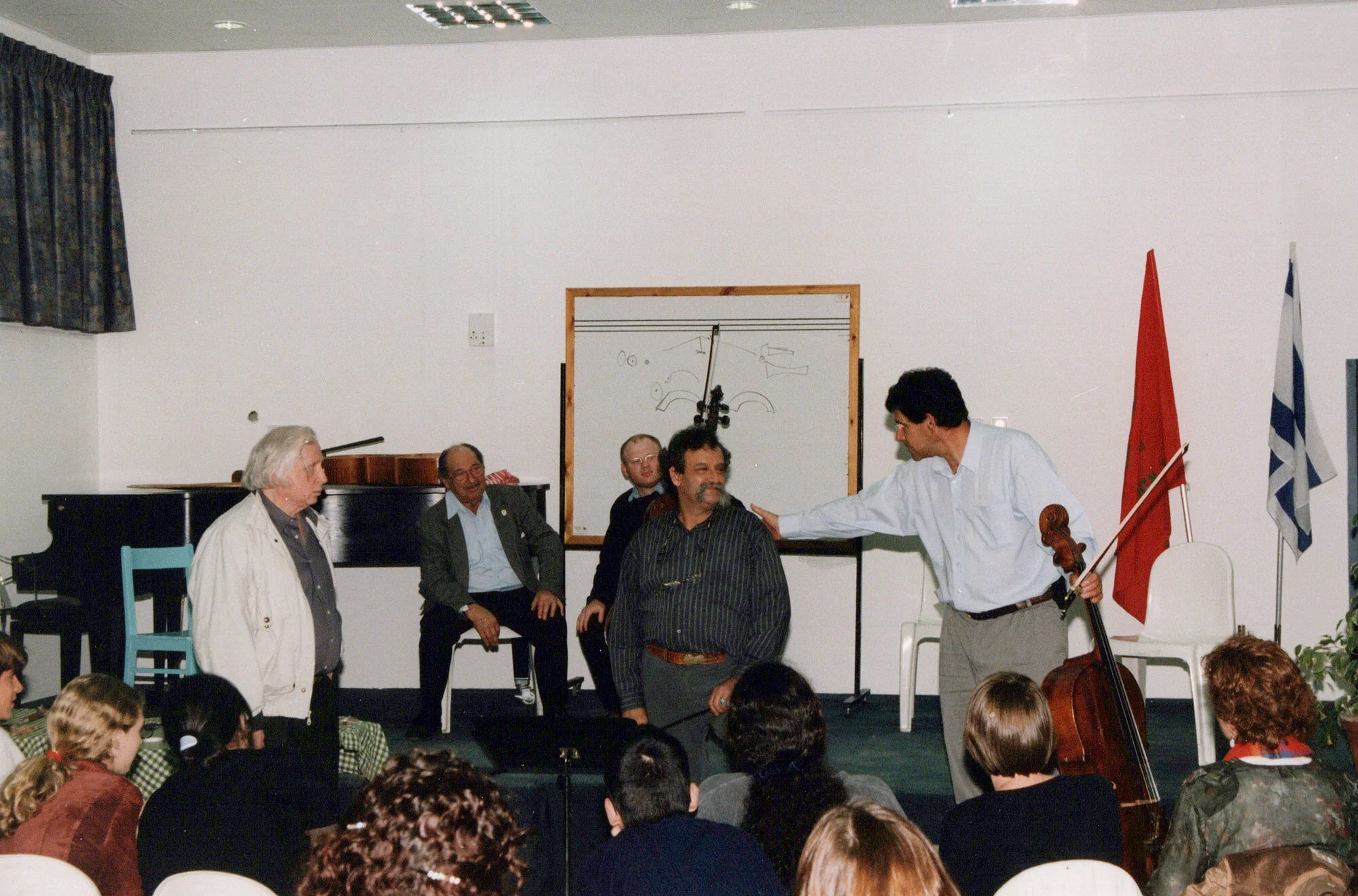 Mizra Course, Israel. From right to left: David Sela, Amnon Weinstein (Luthier), Hillel Zori, Bernard Greenhouse, Uzi Wiesel.