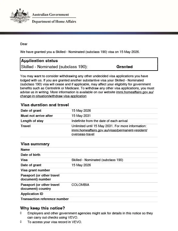 Skilled Nominated Visa Australia Grant Letter