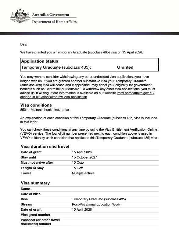 Temporary Graduate Visa Australia Grant Letter