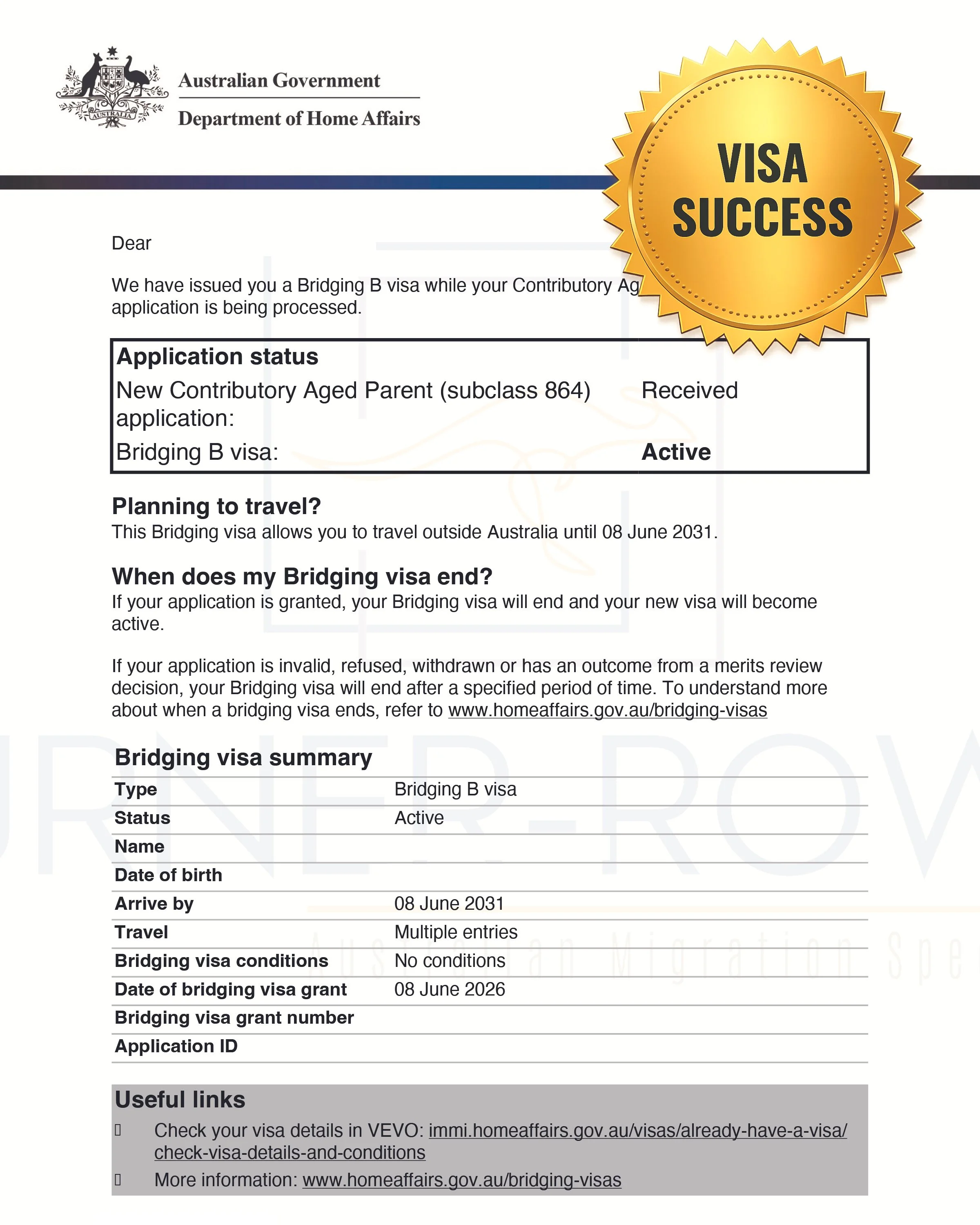 Bridging Visa B Grant Letter