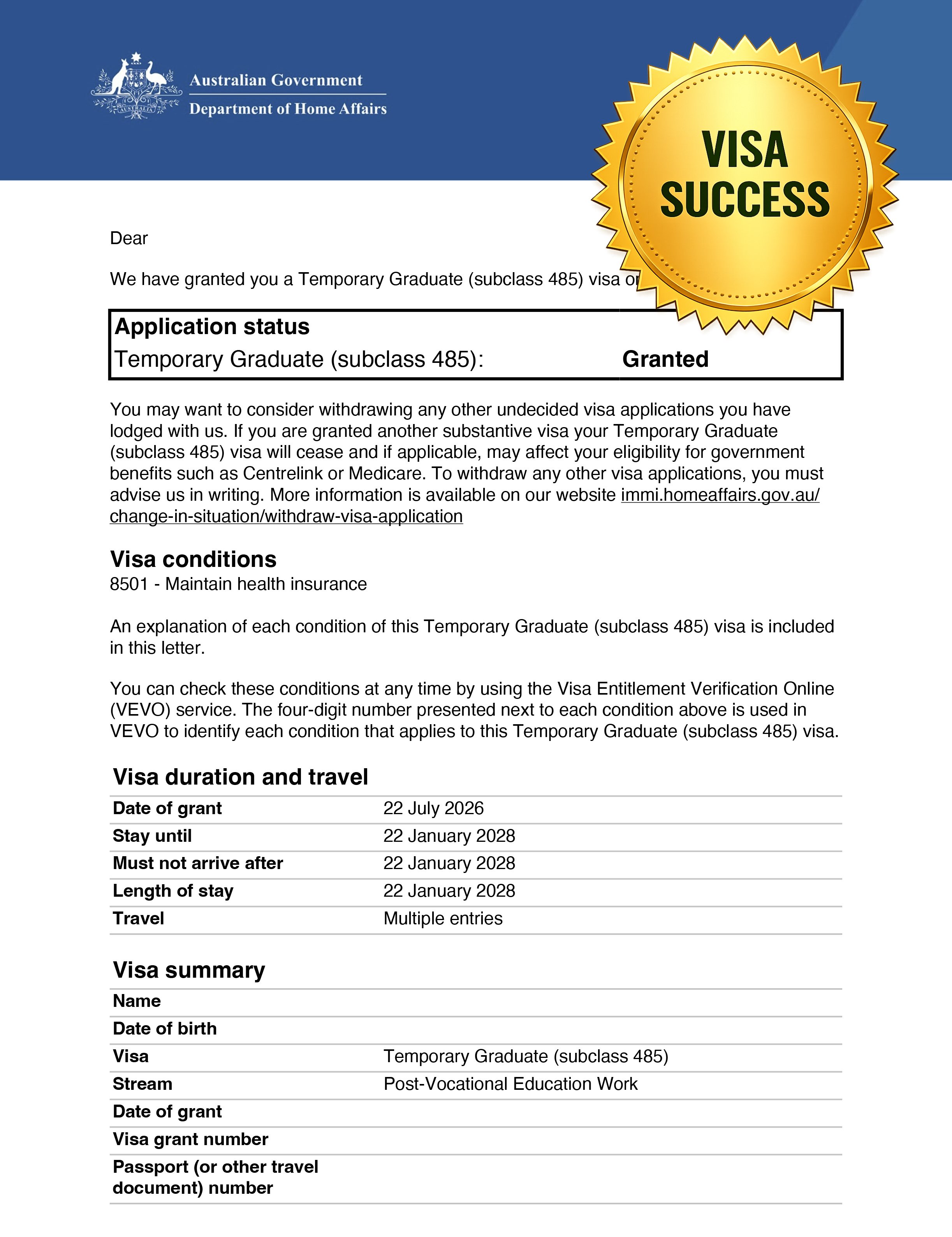 Temporary Graduate Visa (Subclass 485) Grant Notification.