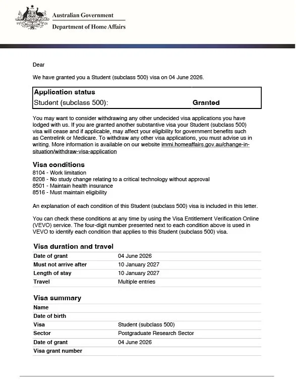 Student Visa Australia Grant Letter