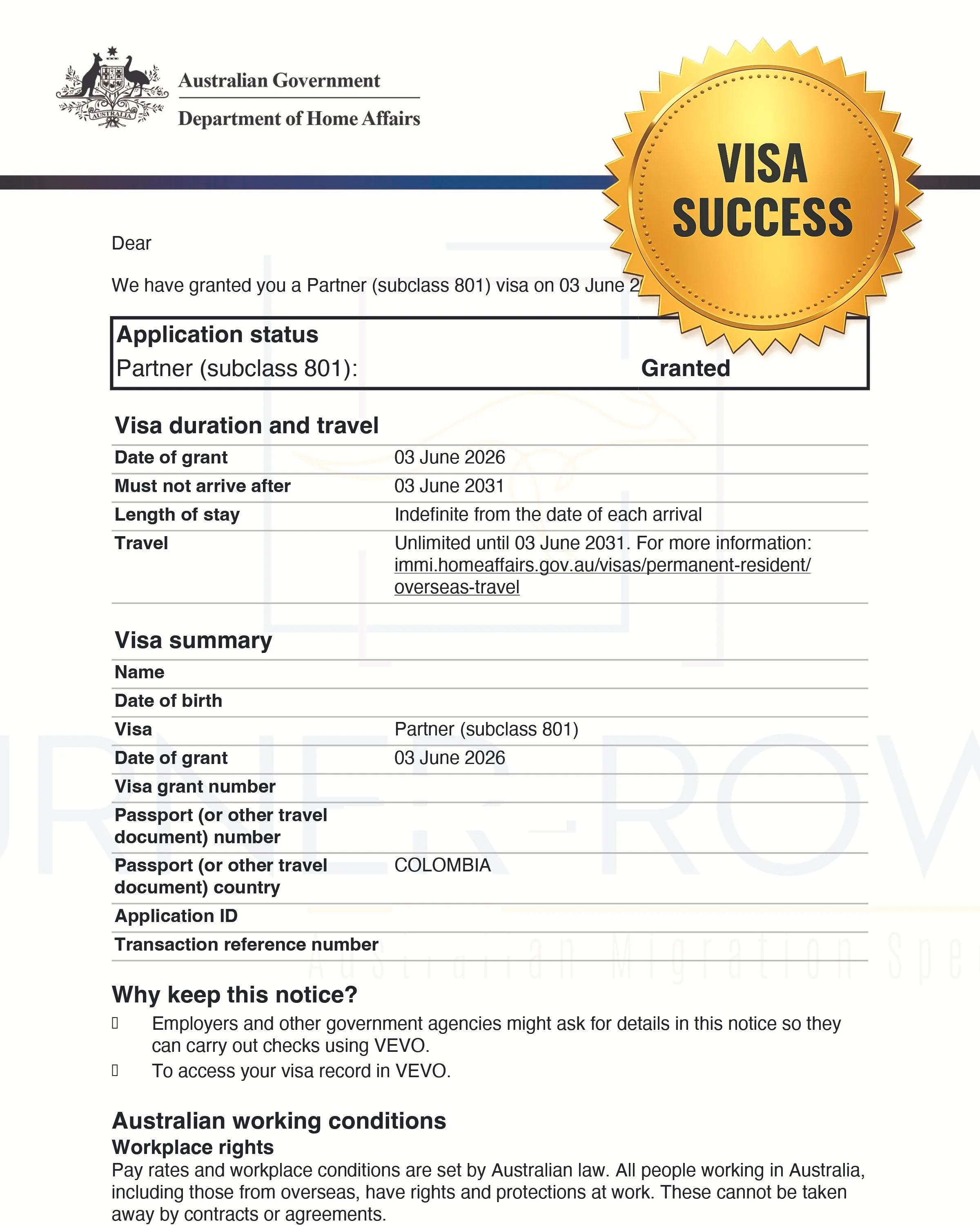Partner Visa Australia Grant Letter