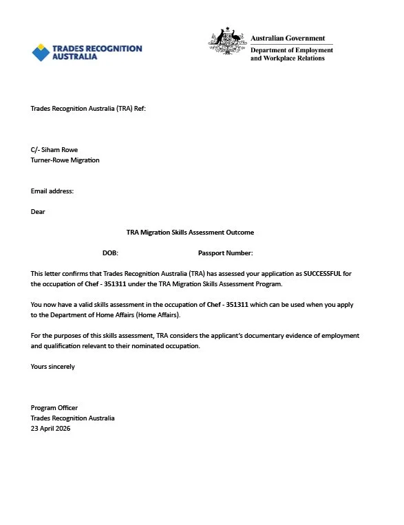 TRA Migration Skills Assessment Grant Letter