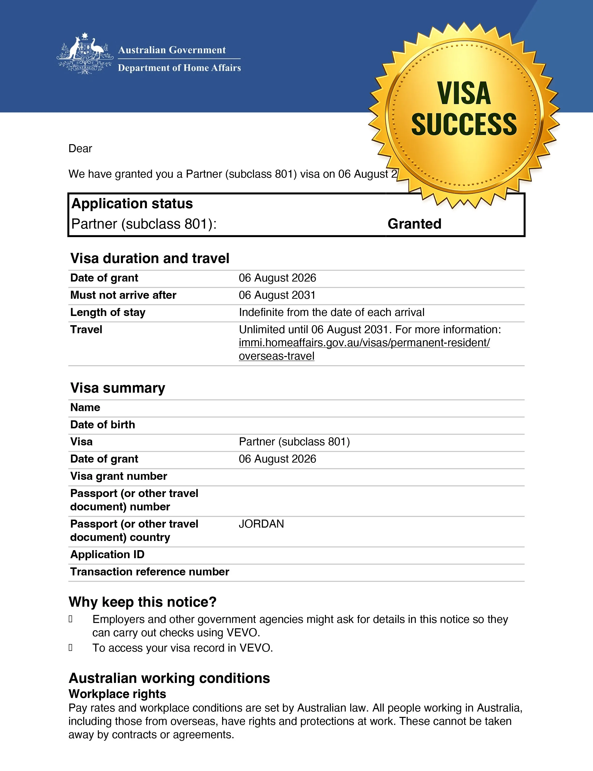 Australian Partner Visa Subclass 801 grant letter confirming visa approval